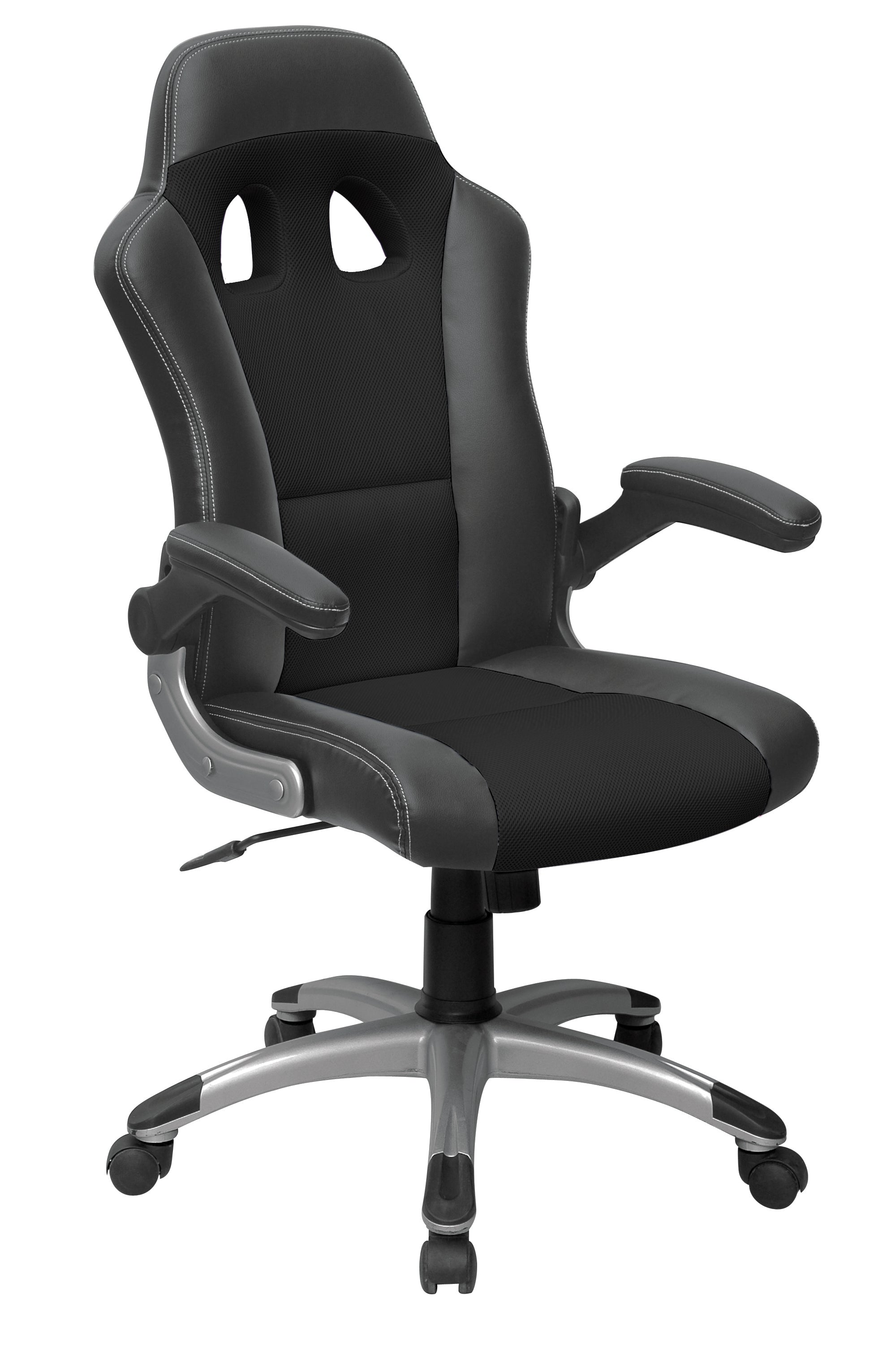 Le Fauteuil Gamer Racing Geek de Monsieur Bureau est un fauteuil de course noir et gris avec des accoudoirs rembourrés, un dossier haut et cinq roues sur une base argentée. Livraison rapide disponible.#finitions_noir_noir
