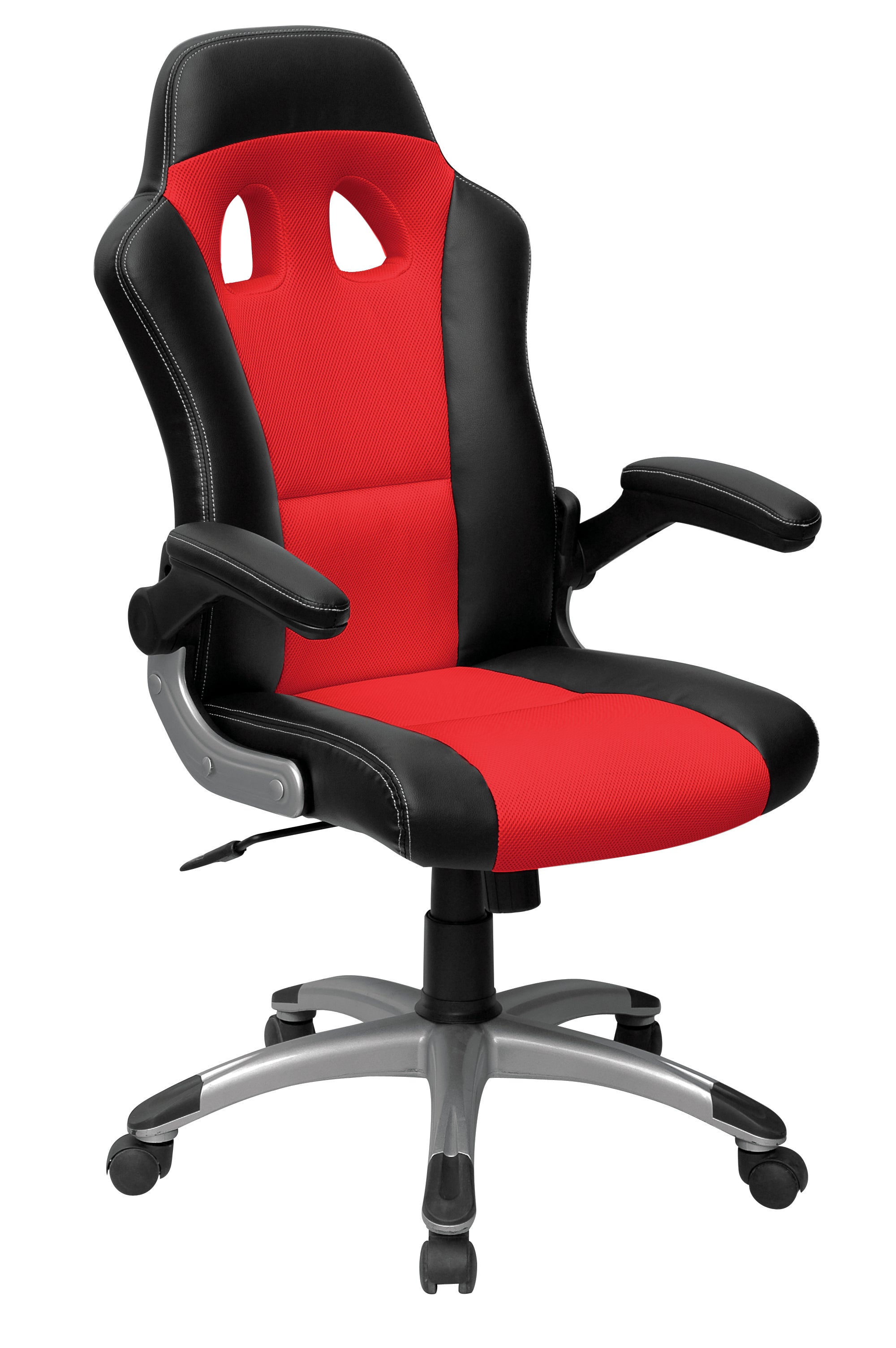Le Monsieur Bureau Fauteuil Gamer Racing Geek est un fauteuil de jeu ergonomique noir et rouge avec des accoudoirs rembourrés, un dossier haut, une hauteur réglable, cinq roues sur une base argentée, et des trous d'aération près de l'appui-tête pour plus de confort. Livraison rapide disponible.