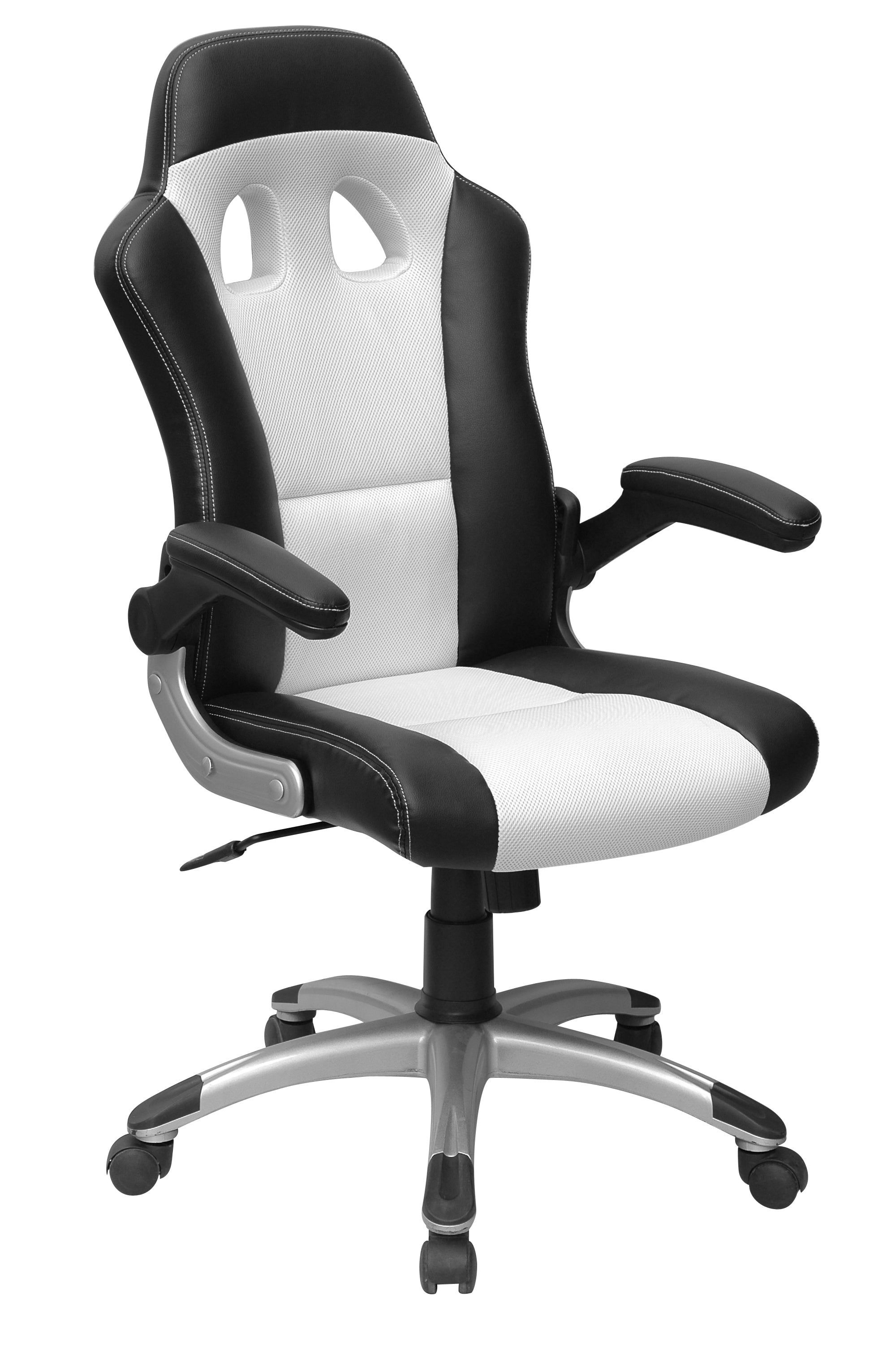 Le Monsieur Bureau Fauteuil Gamer Racing Geek est une chaise ergonomique noire et blanche avec des accoudoirs rembourrés, un dossier haut avec deux trous découpés et une base à cinq roues. Livraison rapide disponible.#finitions_blanc_noir