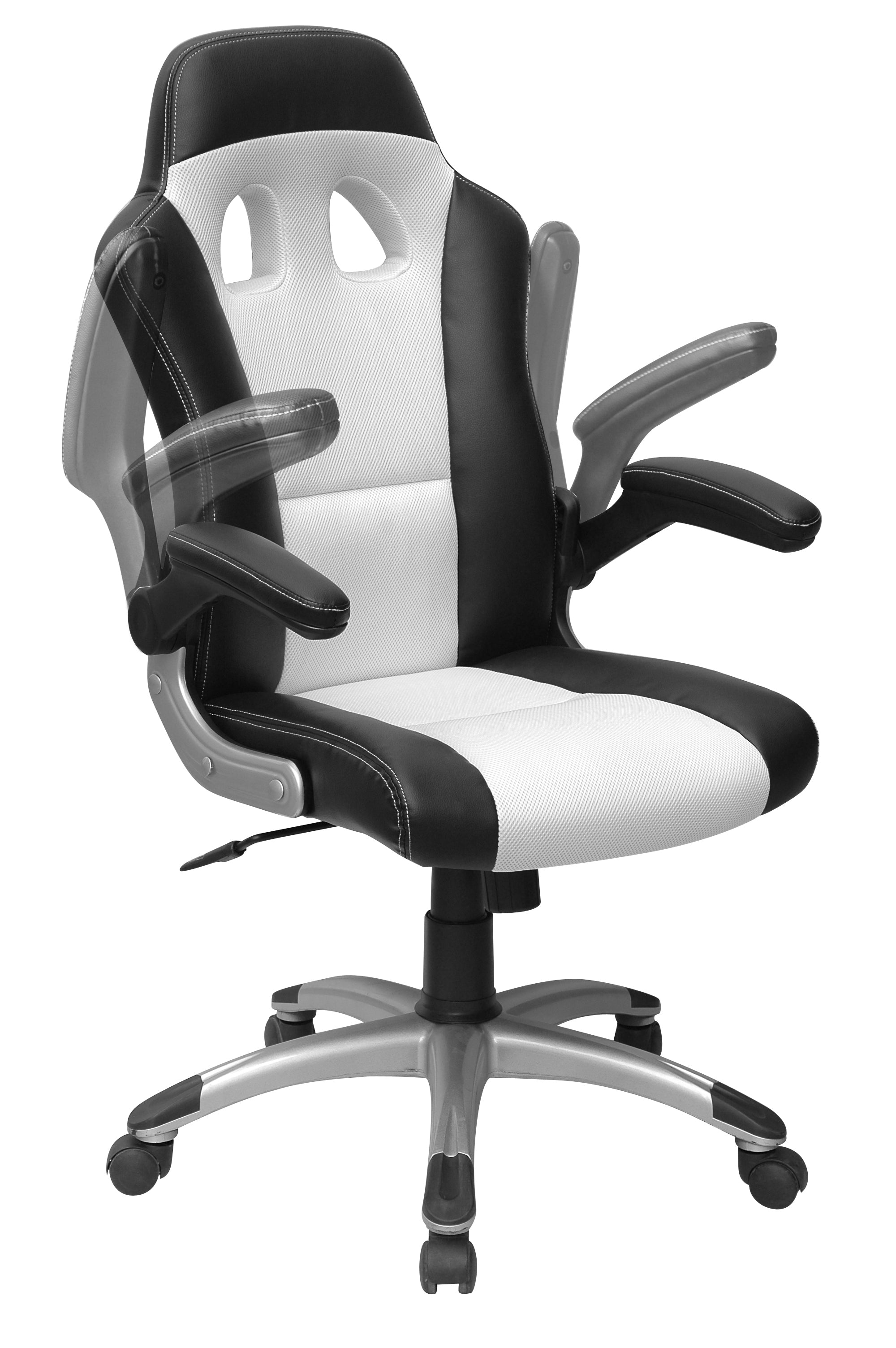 Le Monsieur Bureau Fauteuil Gamer Racing Geek est un fauteuil ergonomique noir et blanc avec accoudoirs réglables et base à cinq roulettes, présenté en positions haute et basse. Il est idéal pour ceux qui recherchent un confort digne d'un gamer et une livraison rapide.