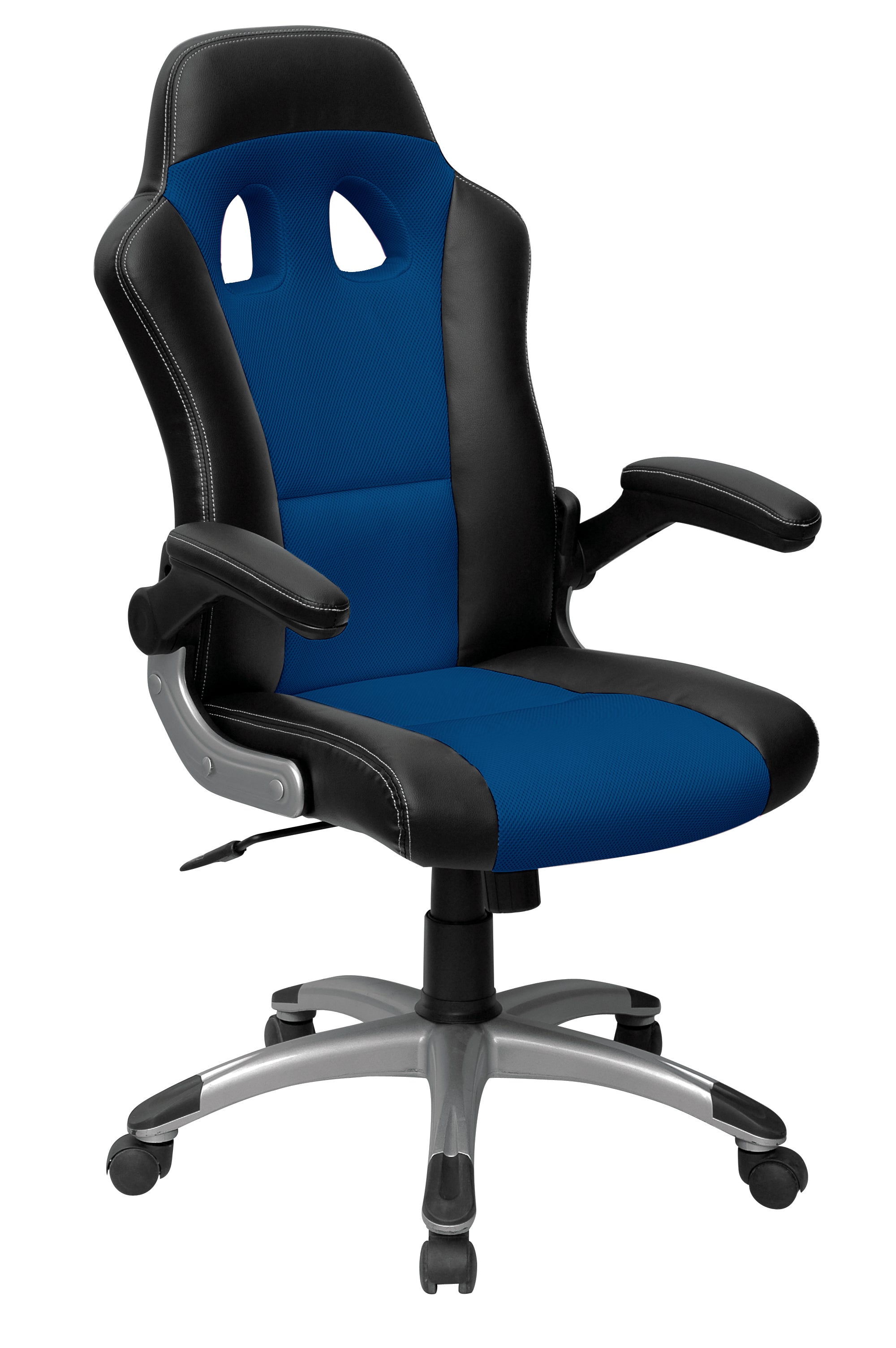 Le Fauteuil Gamer Racing Geek de Monsieur Bureau est un fauteuil ergonomique noir et bleu avec des accoudoirs rembourrés, un dossier haut et une base à cinq roues, conçu pour le confort lors de longues sessions de travail ou de jeu. Livraison rapide disponible.#finitions_bleu_noir