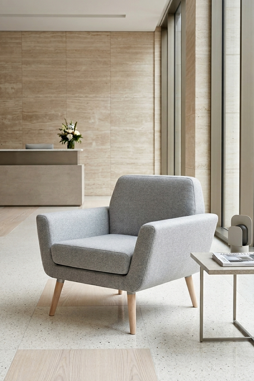 Un salon moderne présente le Fauteuil scandinave Natt de Robert ZOLLER de Monsieur Bureau en gris clair, associé à une petite table d'appoint contenant des livres et de la décoration, une composition florale sur le bureau de réception et de grandes fenêtres inondant l'espace de lumière.