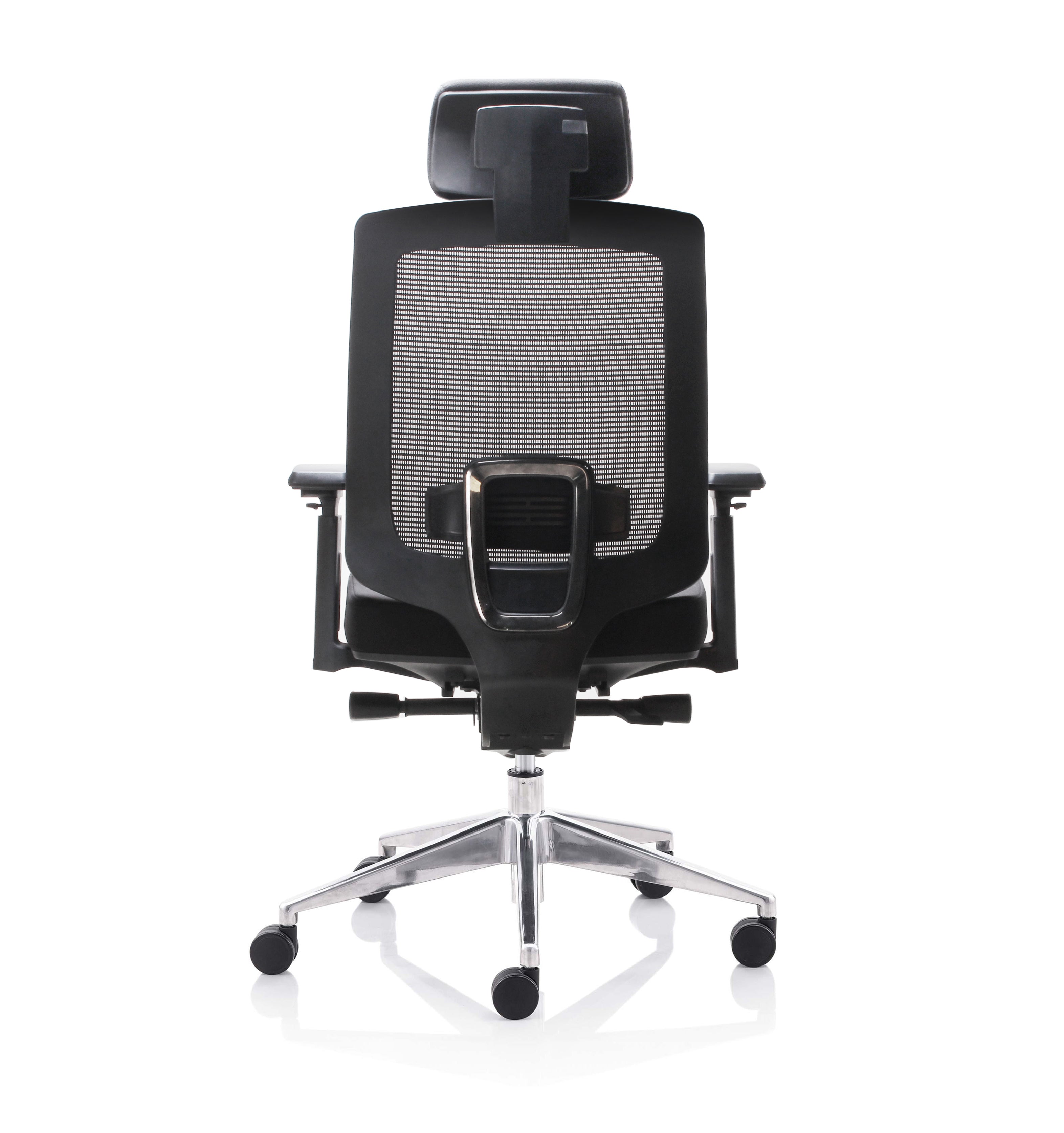 Le Fauteuil Ergonomique Léo avec têtière de Monsieur Bureau offre un confort optimal grâce à son dossier en maille, ses accoudoirs et têtière réglables, sur base chromée à cinq roulettes. Présenté de dos sur fond blanc.