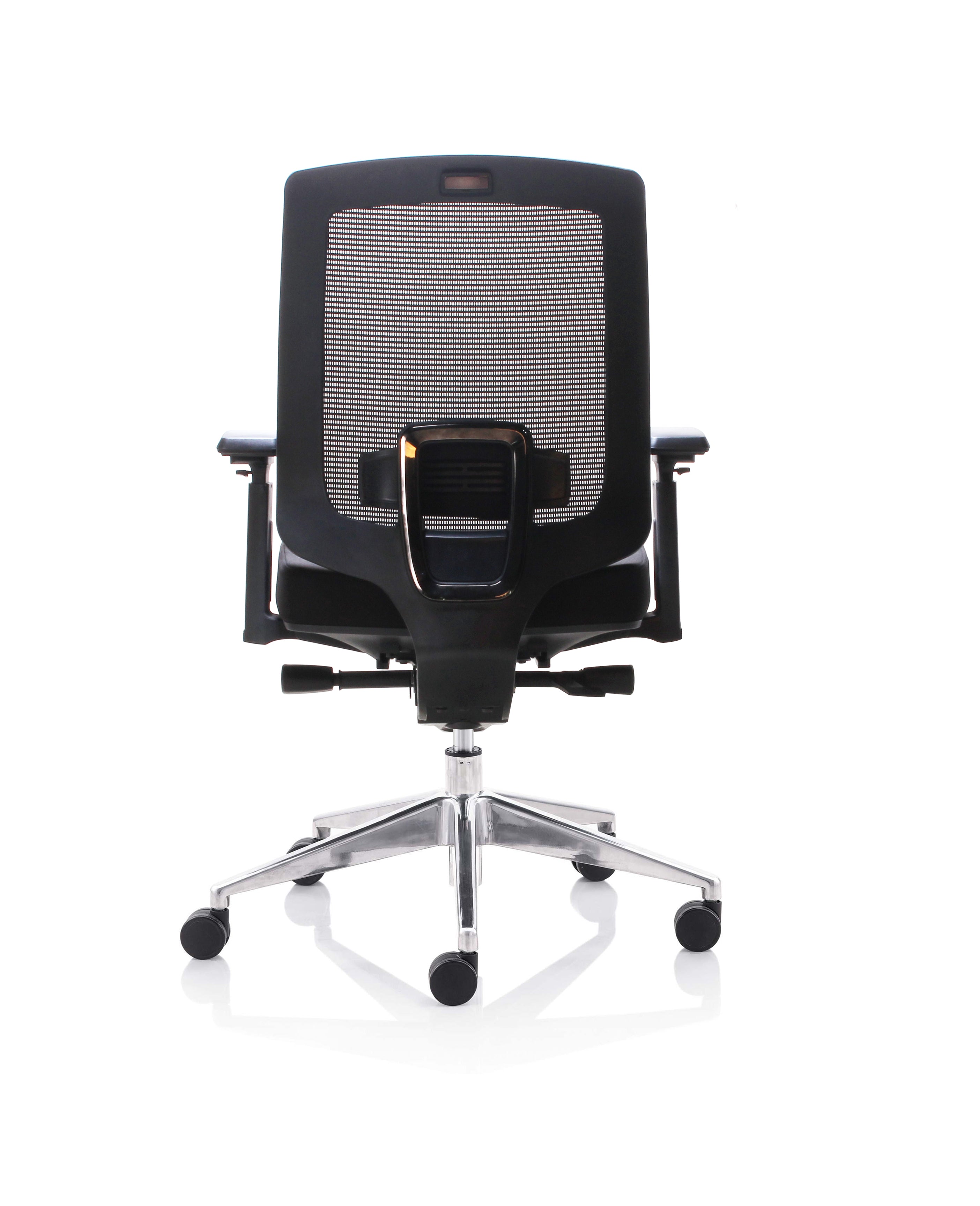 Le Fauteuil Ergonomique Léo de Monsieur Bureau est un fauteuil de bureau noir avec dossier en mesh, accoudoirs réglables, soutien lombaire ajustable et base chromée à cinq roues, présenté de dos sur fond blanc.