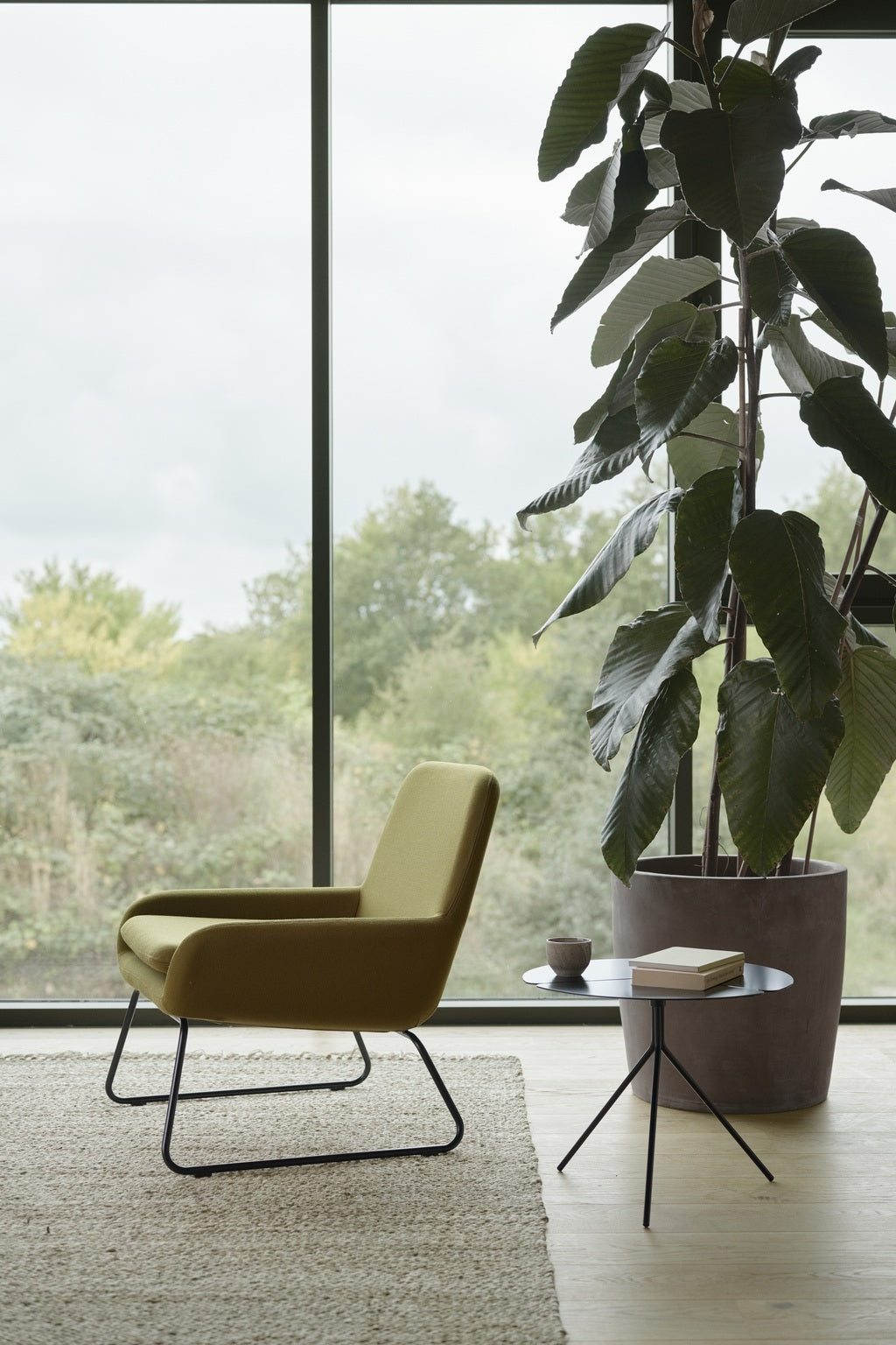 Une chambre moderne au design minimaliste présente le Fauteuil Luge Boreale vert de Busk+Hertzog pour Monsieur Bureau, une petite table d'appoint ronde avec une tasse et un livre, une grande plante en pot et des fenêtres allant du sol au plafond et donnant sur de la verdure.