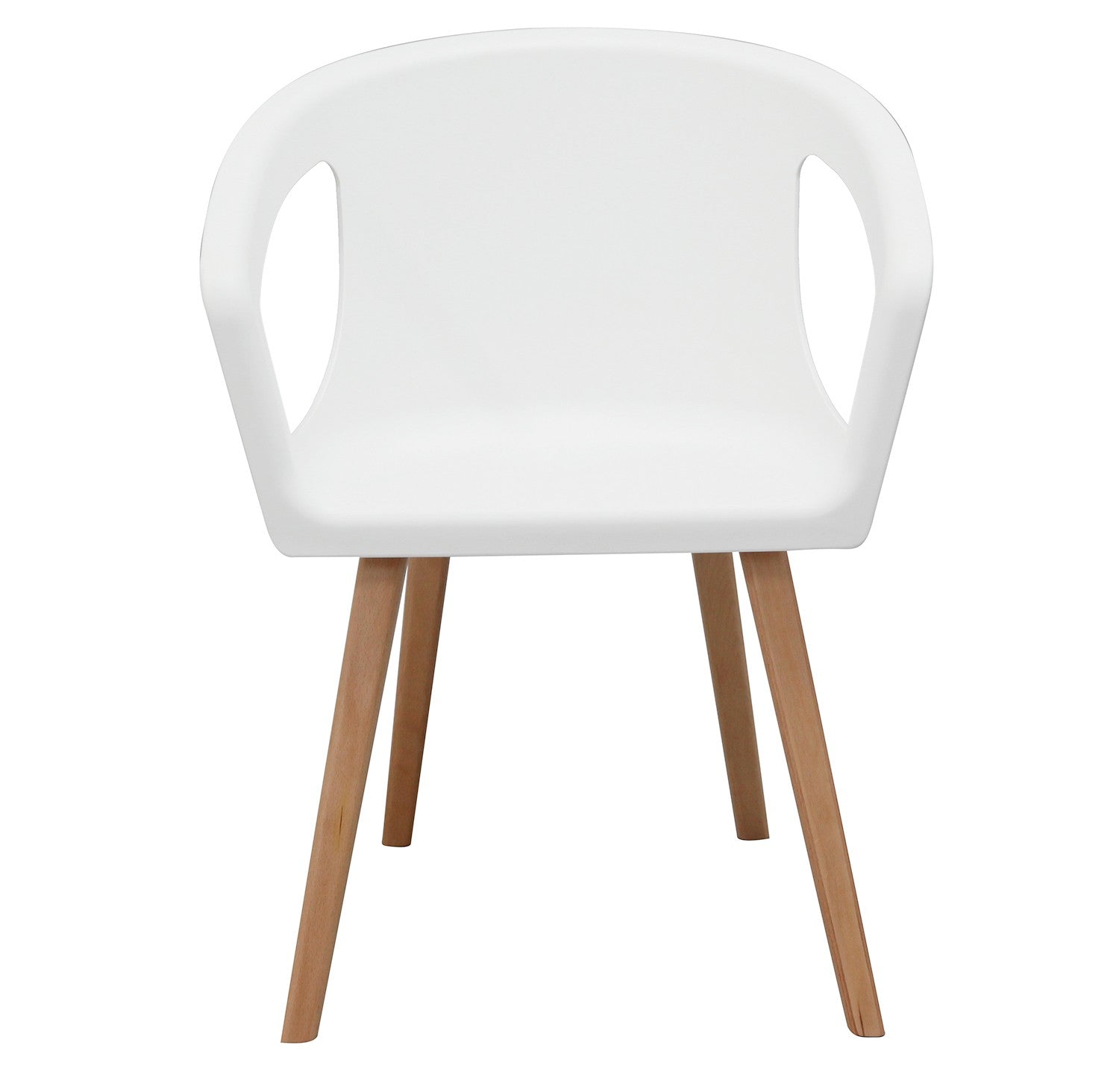Le Fauteuil de Collectivité Lyra Polypropylène de Monsieur Bureau est une chaise moderne blanche avec un dossier incurvé, des accoudoirs et quatre pieds angulaires en bois, présentée de face sur un fond blanc.