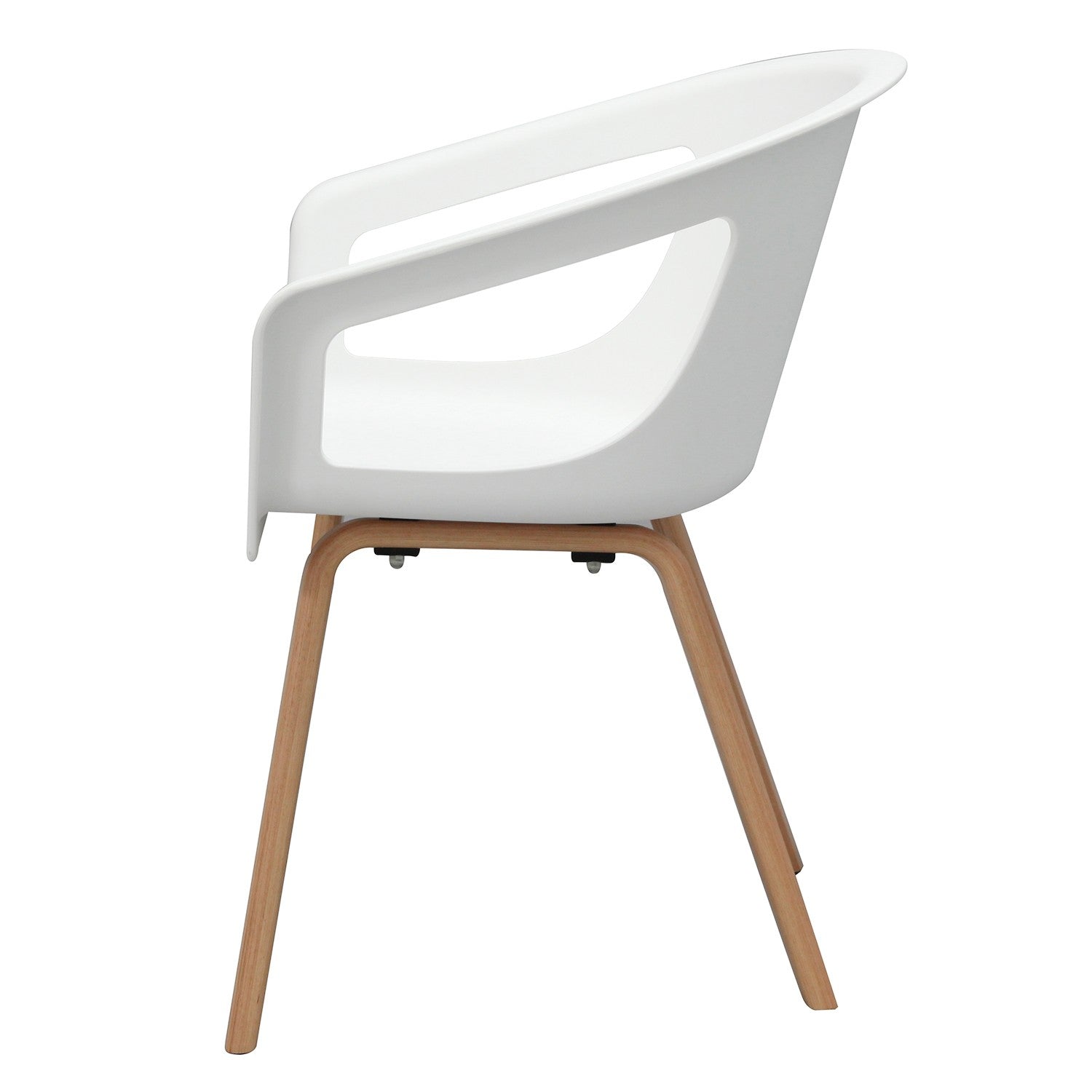 Le Fauteuil de Collectivité Lyra Polypropylène de Monsieur Bureau est composé d'une assise en polypropylène blanc incurvé, d'accoudoirs découpés et de pieds en bois angulaires. Il est idéal comme chaise minimaliste pour les espaces communs ou les salles d'attente.