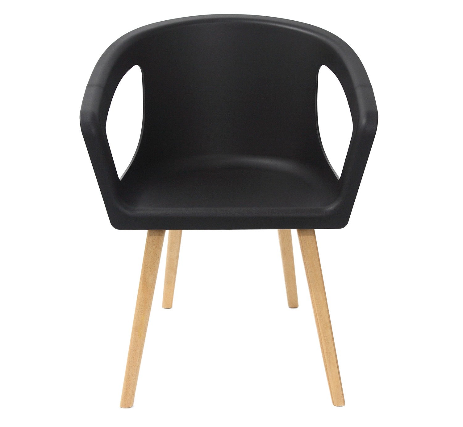 Le Fauteuil de Collectivité Lyra Polypropylène de Monsieur Bureau est composé d'un siège moderne en polypropylène noir incurvé, d'accoudoirs et de quatre pieds angulaires en bois, parfaits pour les salles d'attente ou les espaces collectifs.