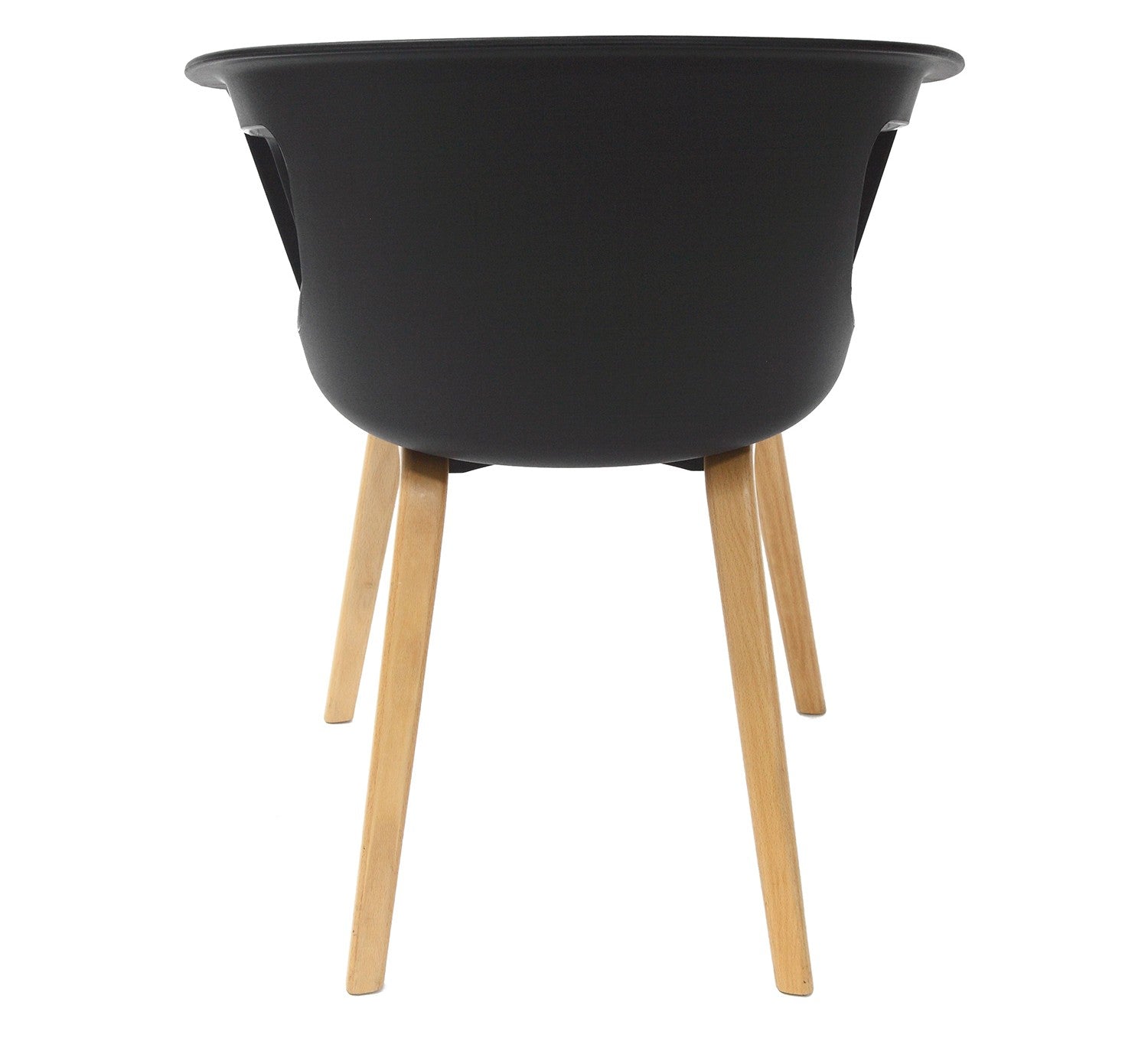Le Fauteuil de Collectivité Lyra Polypropylène de Monsieur Bureau est composé d'une assise en polypropylène noir et arrondi et de quatre pieds en bois clair, présentés depuis l'arrière sur fond blanc.
