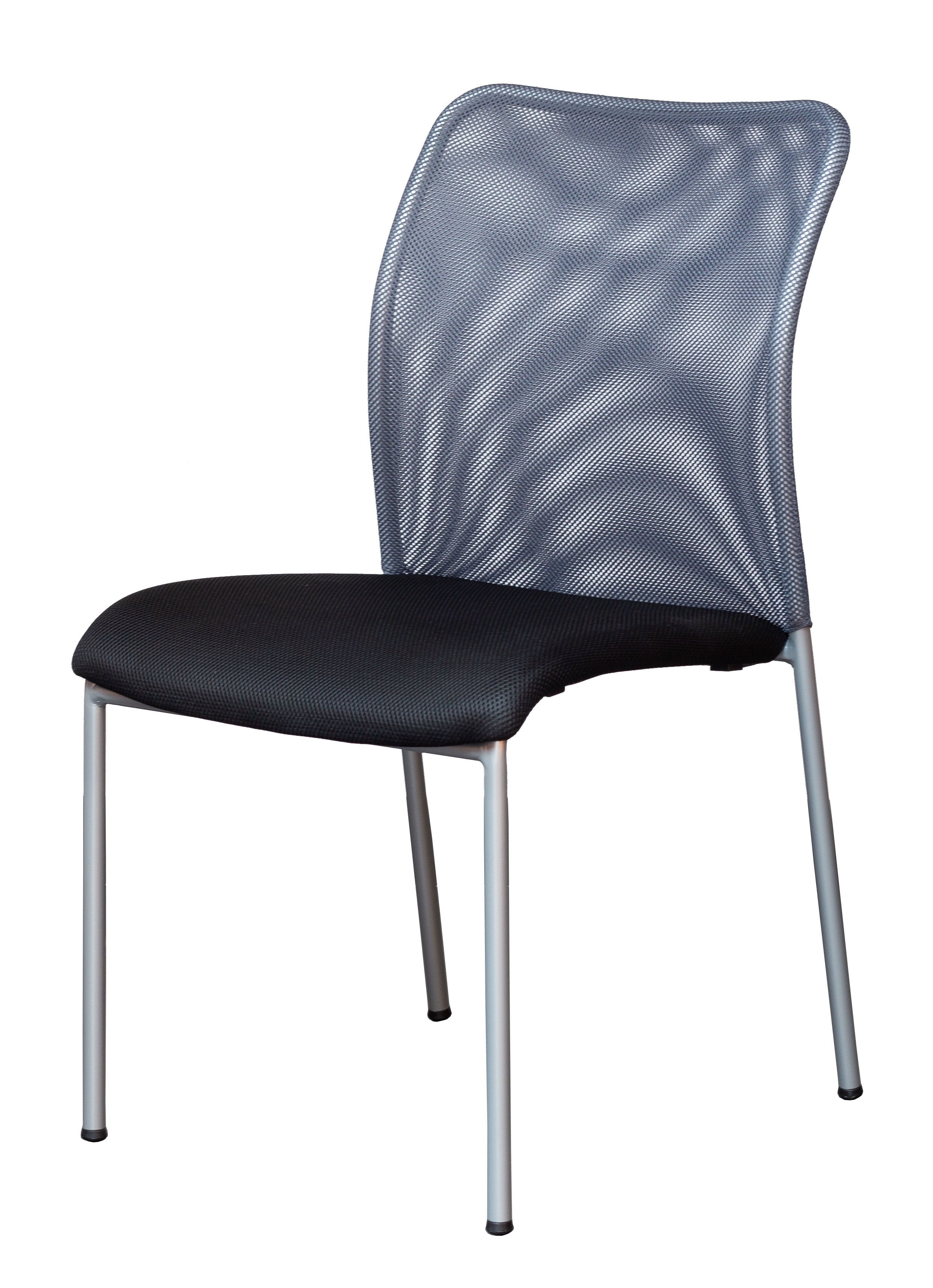 Le Fauteuil Réunion Pégase Visiteur Empilable de Monsieur Bureau est doté d'une assise coussinée noire, d'un dossier en maille incurvée et de quatre pieds métalliques élancés, offrant un design minimaliste idéal pour le mobilier professionnel.#finitions_gris