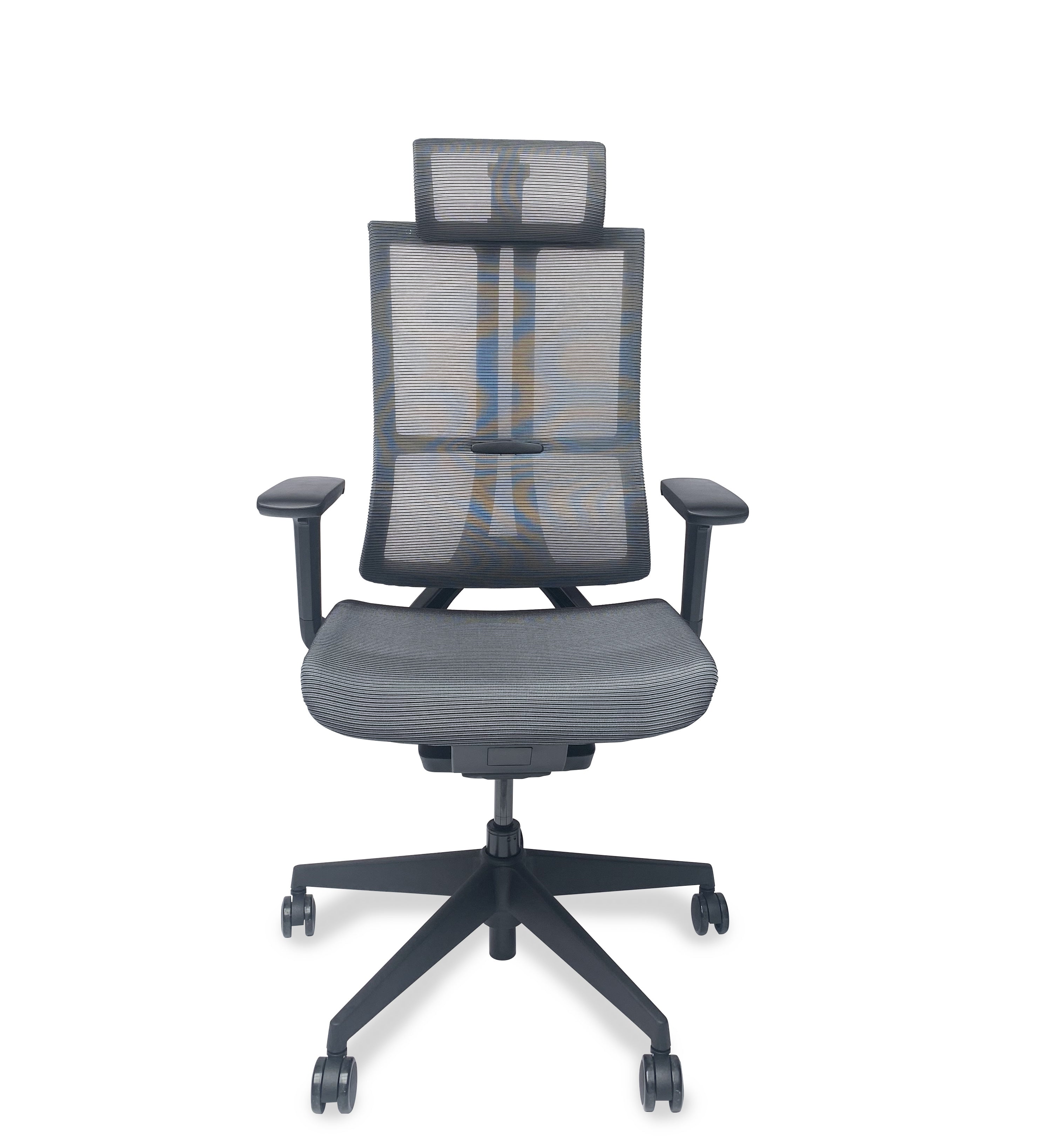 Le Fauteuil de bureau ergo Lyre synchrone 3D de Monsieur Bureau est doté d'un dossier en maille, d'accoudoirs et d'un appui-tête réglables, ainsi que d'un piètement noir à cinq roulettes pour un maintien optimal lors d'une utilisation intensive, présenté sur fond blanc.