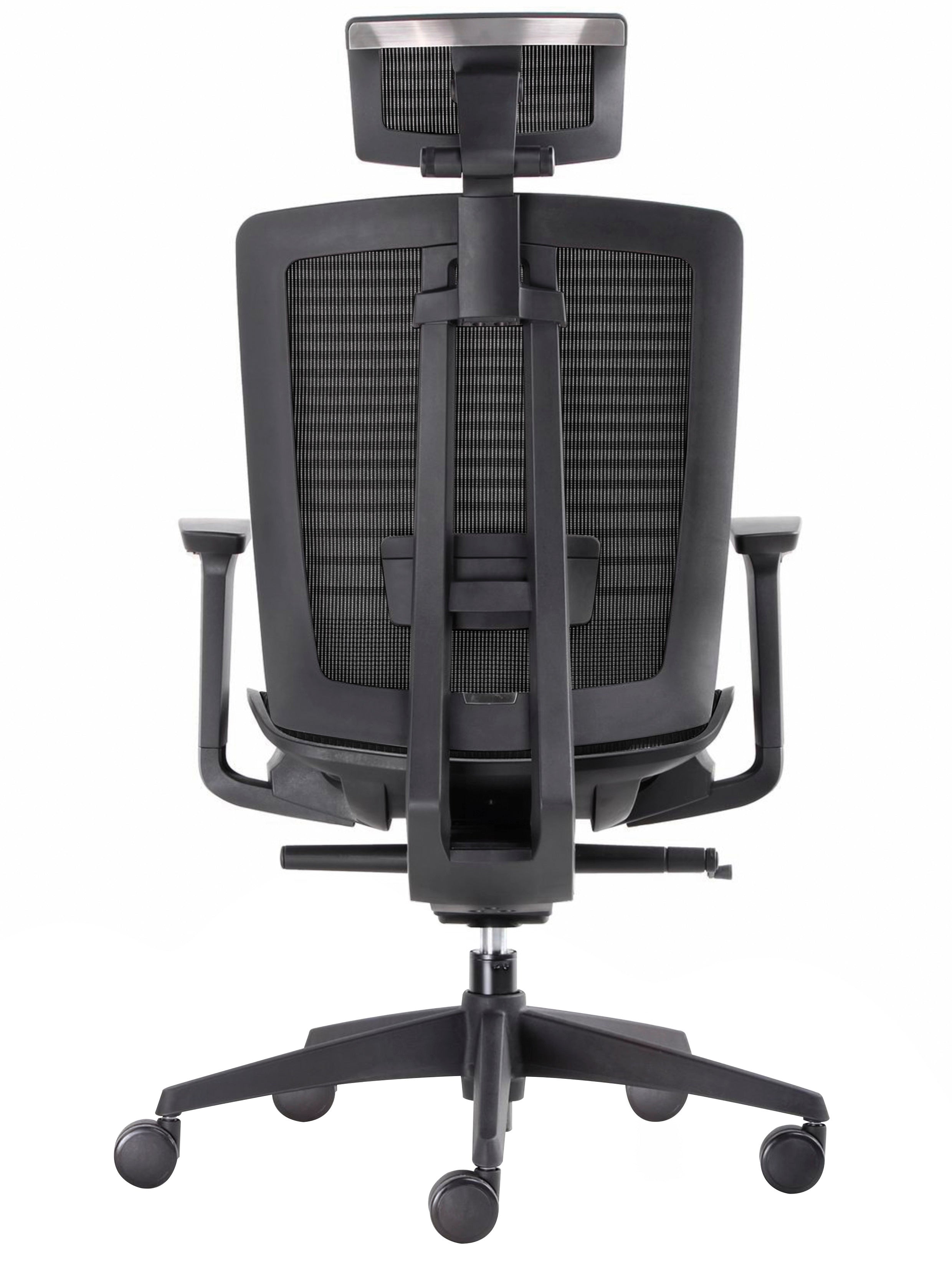 Le Monsieur Bureau Fauteuil Ergonomique Sagitta Synchrone Donati Pro est un siège de bureau noir avec un dossier en maille, des accoudoirs réglables, un support lombaire réglable, un appui-tête et un piètement à cinq roues, présenté de l'arrière.