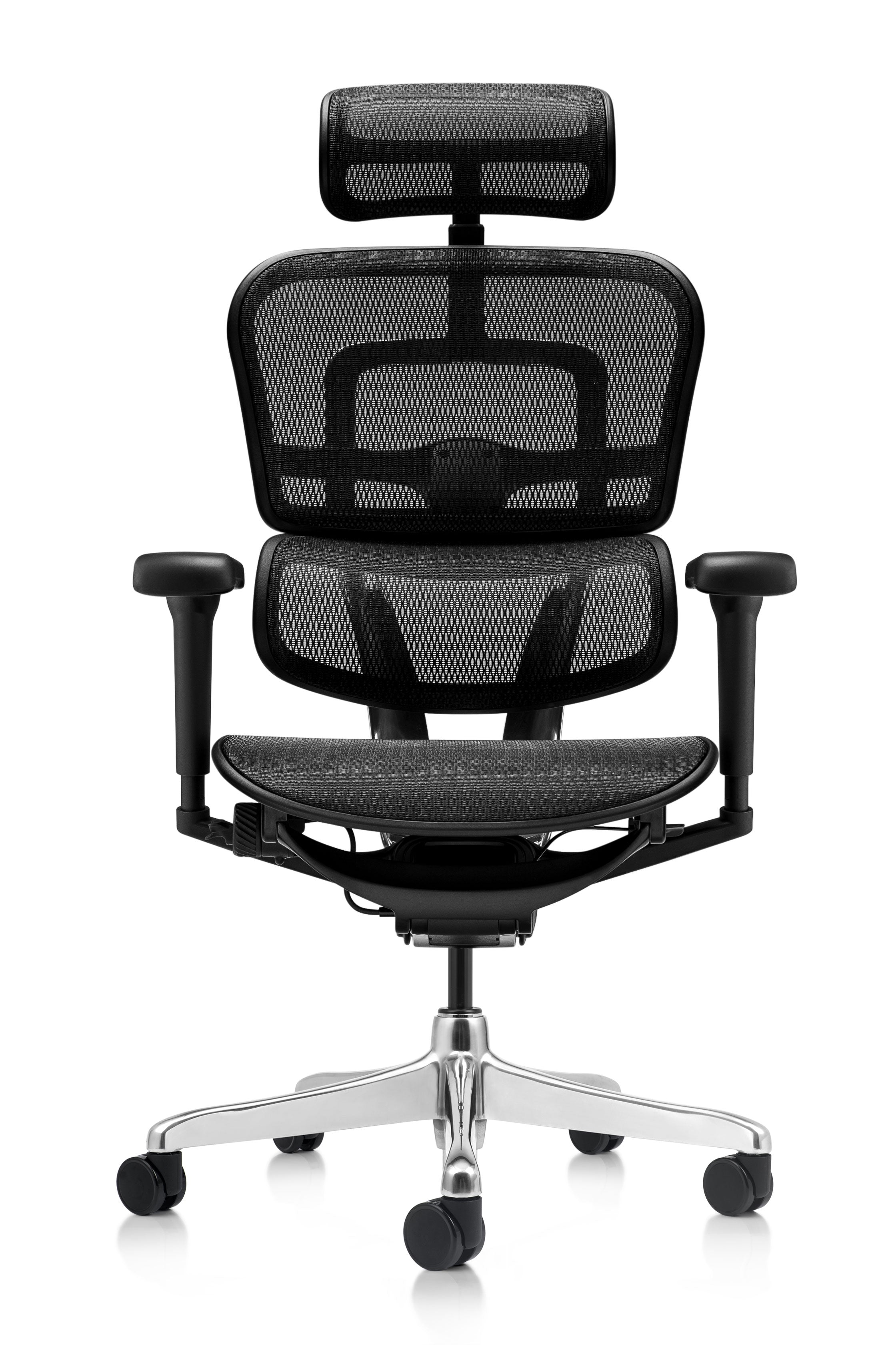 Le Fauteuil Ergonomique Monsieur Bureau Ultra - Performance 5D est doté d'un dossier en maille noire, d'un appui-tête réglable, d'accoudoirs, de réglages avancés et d'une base en métal avec cinq roues pivotantes. Il est présenté de face sur fond blanc.