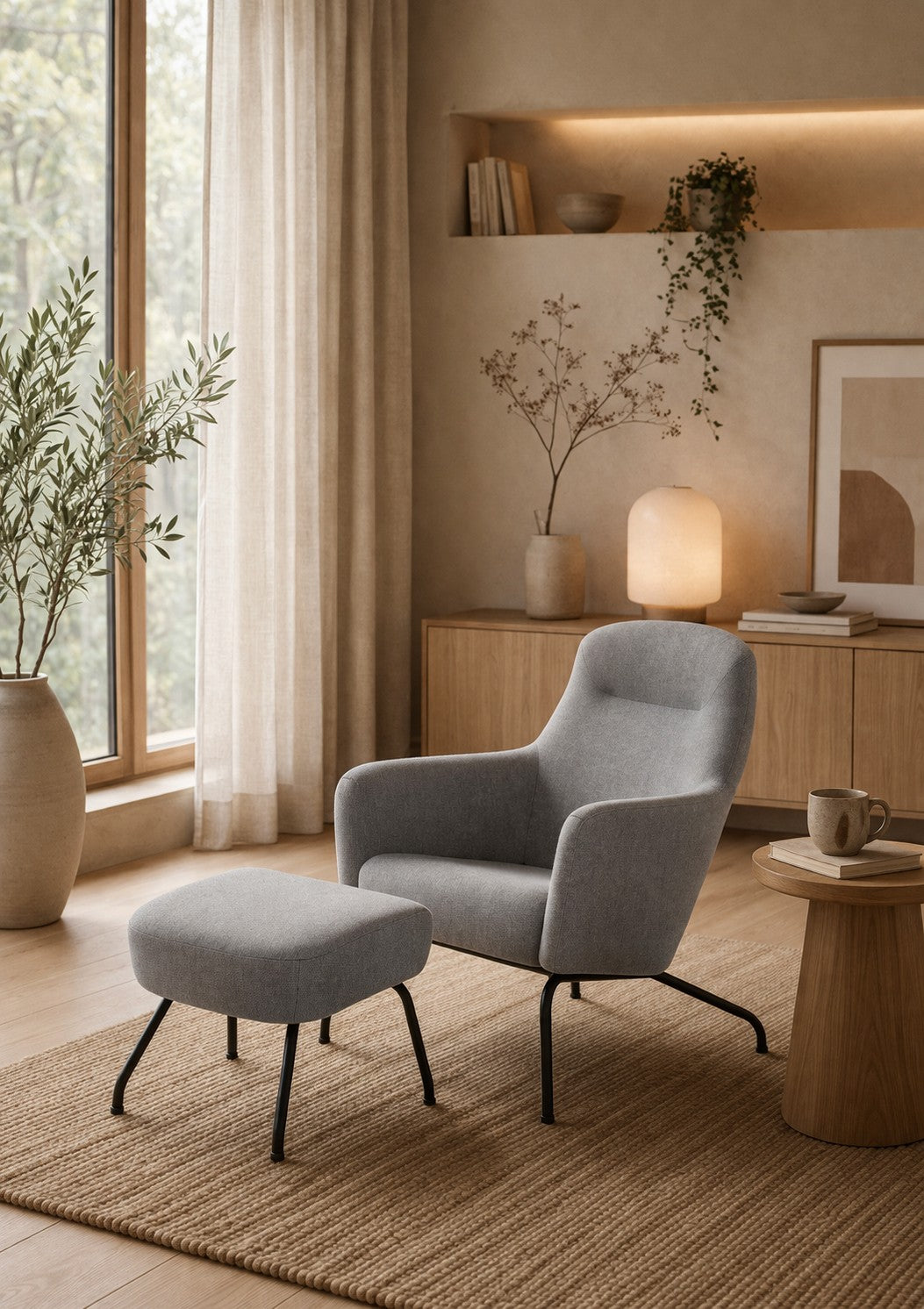 Un salon moderne avec le Fauteuil lounge Fjord bas dossier de Busk+Hertzog pour Monsieur Bureau et ottoman sur un tapis tissé, à côté d'une petite table en bois. La décoration minimaliste, la plante, les étagères, la lampe et les rideaux transparents complètent l'ambiance scandinave.