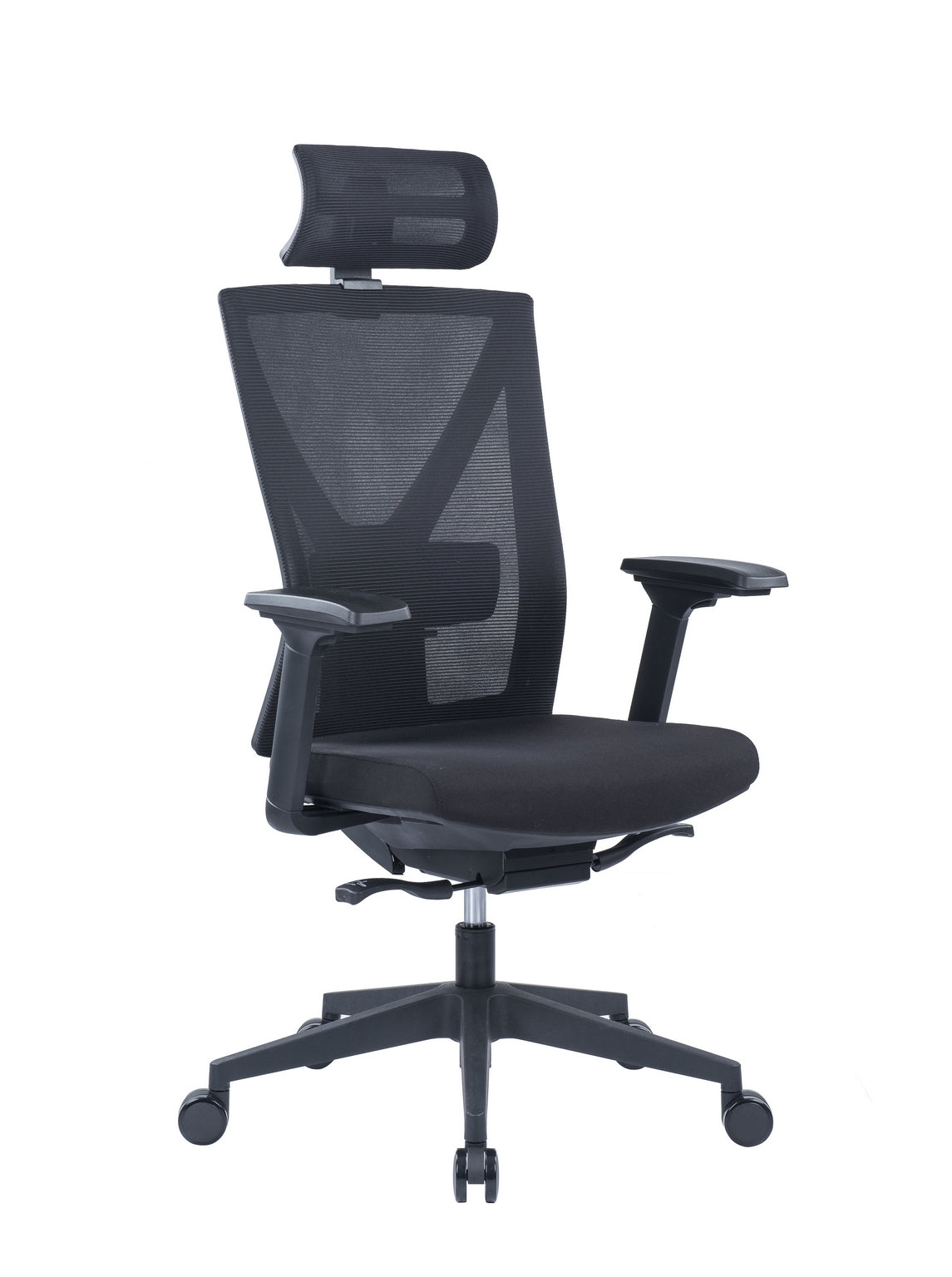 Le Fauteuil basculant Auriga avec têtière de Monsieur Bureau est un siège de bureau noir ergonomique avec accoudoirs ajustables, dossier en mesh, assise rembourrée et base à cinq roulettes.