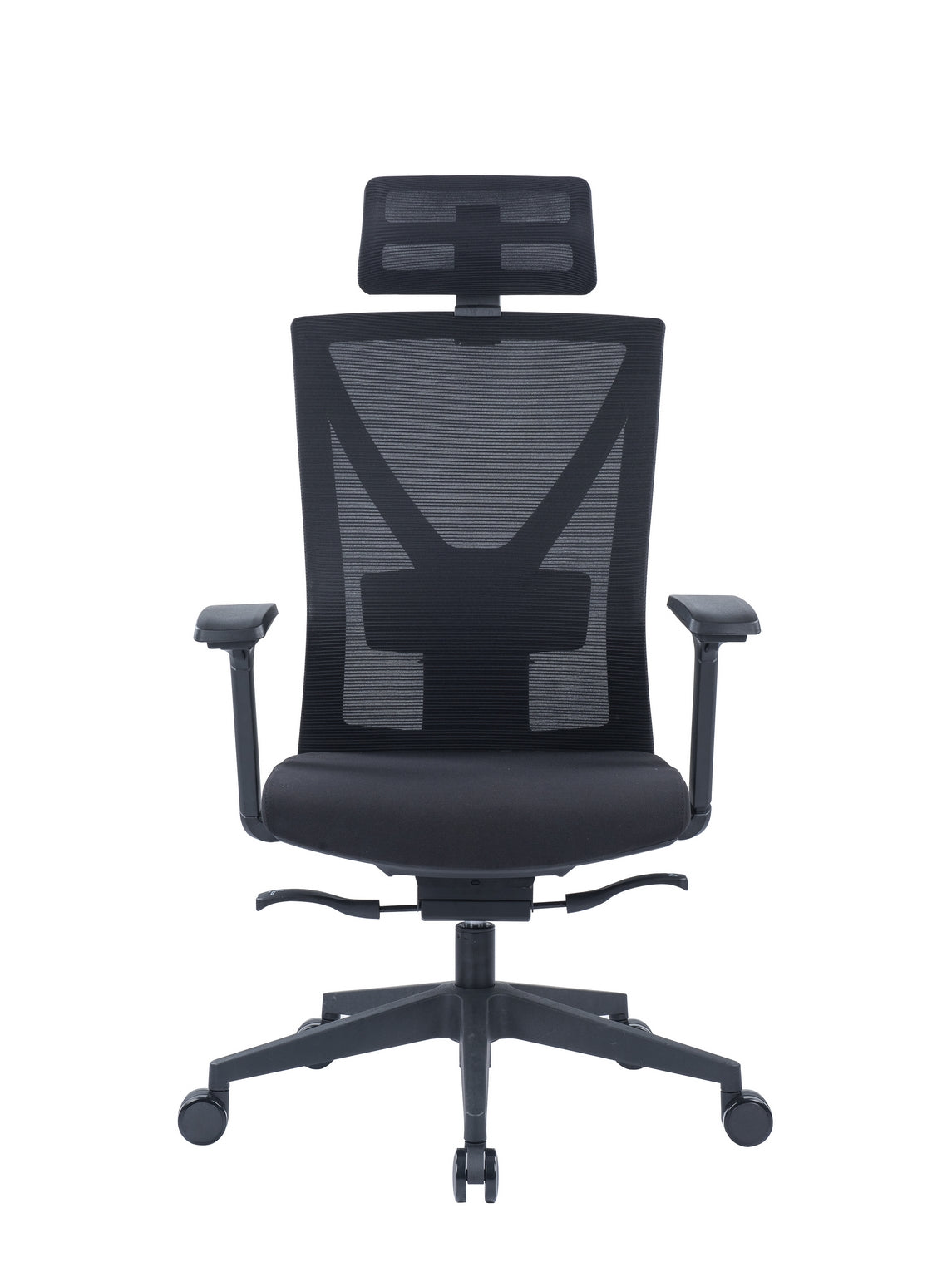 Le Fauteuil basculant Auriga avec têtière de Monsieur Bureau est un siège ergonomique noir, avec dossier en mesh, accoudoirs réglables, soutien cervical et base à cinq roues, vu de face sur fond blanc.