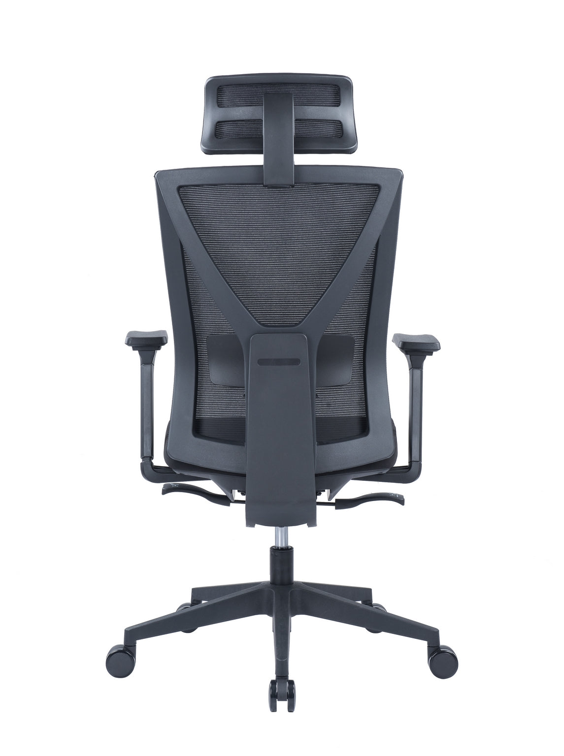Le Monsieur Bureau Fauteuil basculant Auriga avec têtière est un siège de bureau ergonomique noir avec dossier en maille, accoudoirs réglables, appui-tête pour un soutien optimal de la nuque et piétement à cinq roues, présenté de dos sur fond blanc.