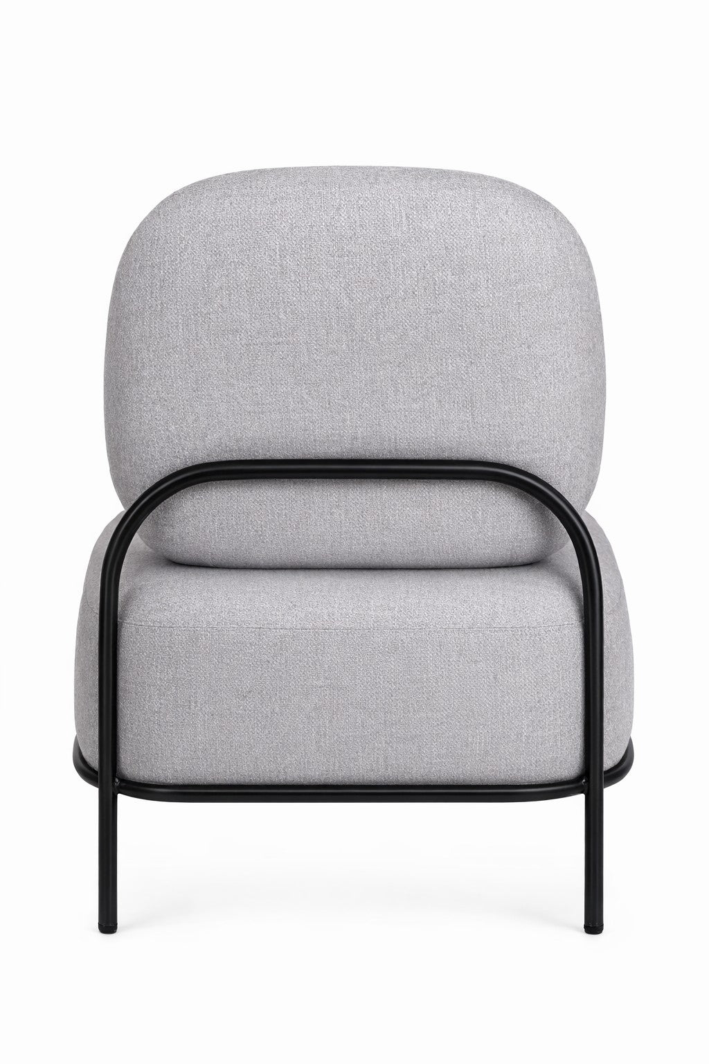Vue de face du Fauteuil d'accueil Brooklin - Pieds métal de Monsieur Bureau, au design minimaliste avec un coussin arrondi gris clair et un cadre en métal noir, sur fond blanc.