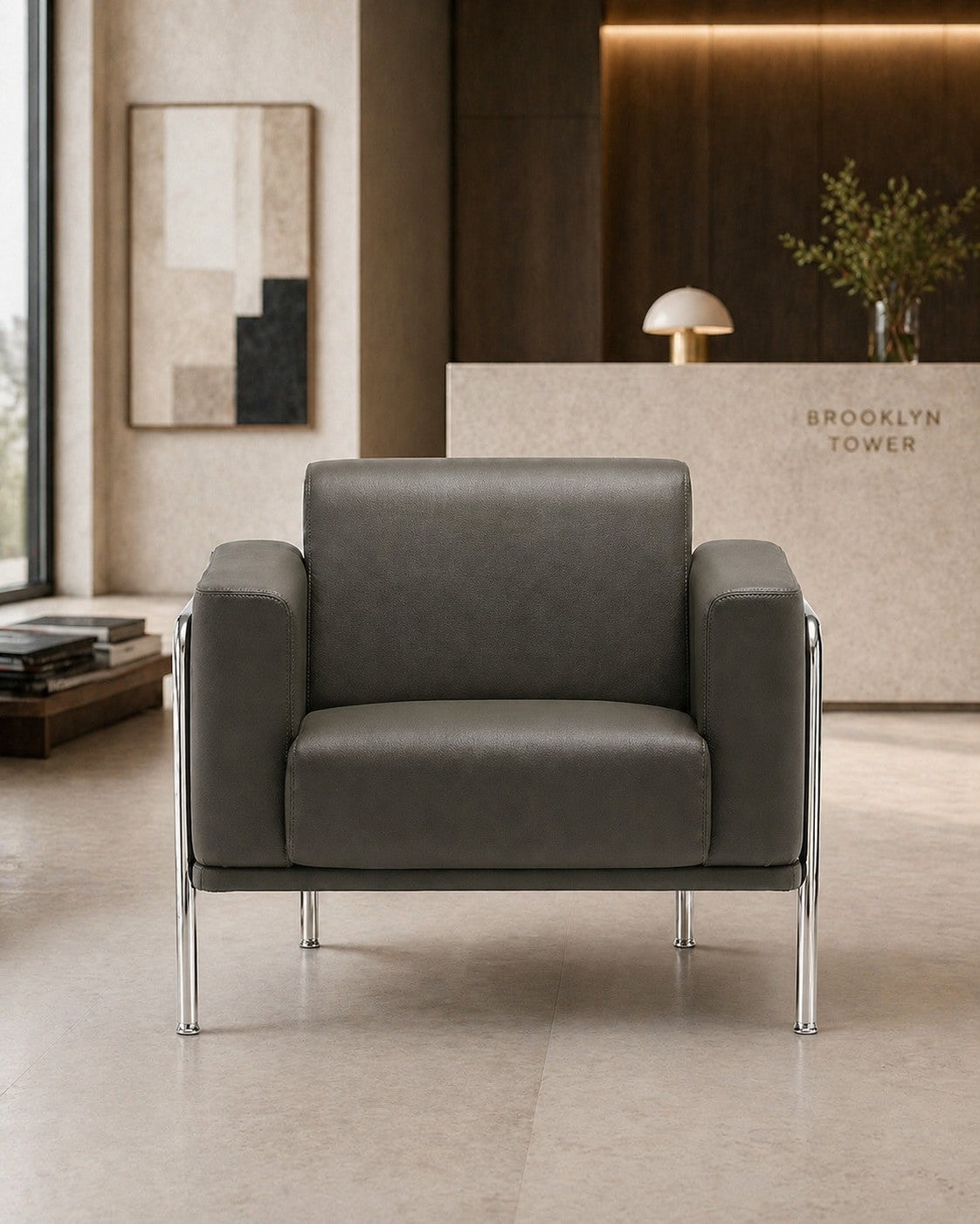 Un Fauteuil d'accueil contemporain gris Matis en simili-cuir de Monsieur Bureau avec des pieds chromés se trouve dans un hall minimaliste devant un bureau en pierre marqué "Brooklyn Tower", accentué par un décor et un mobilier de réception chic.#finitions_anthracite