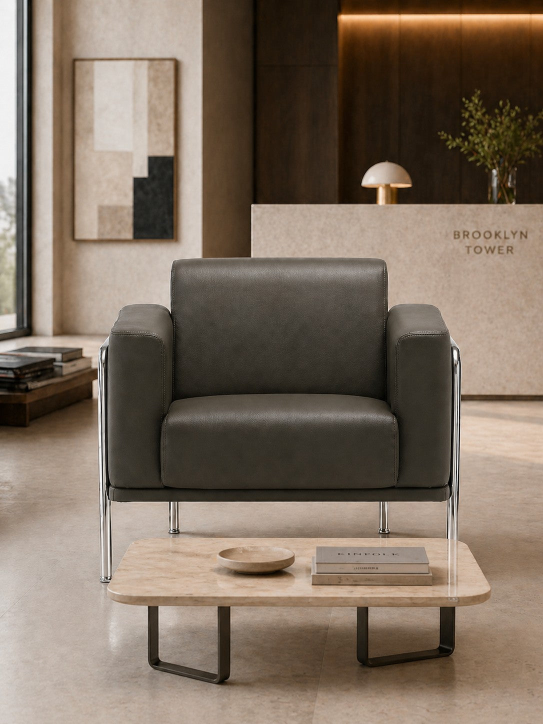 Un salon moderne présente le Fauteuil d'accueil Matis en simili-cuir de Monsieur Bureau avec des pieds chromés, placé derrière une table basse en marbre ornée d'un petit plat et d'un livre. Une décoration minimaliste et des œuvres d'art complètent cet élégant espace de réception.