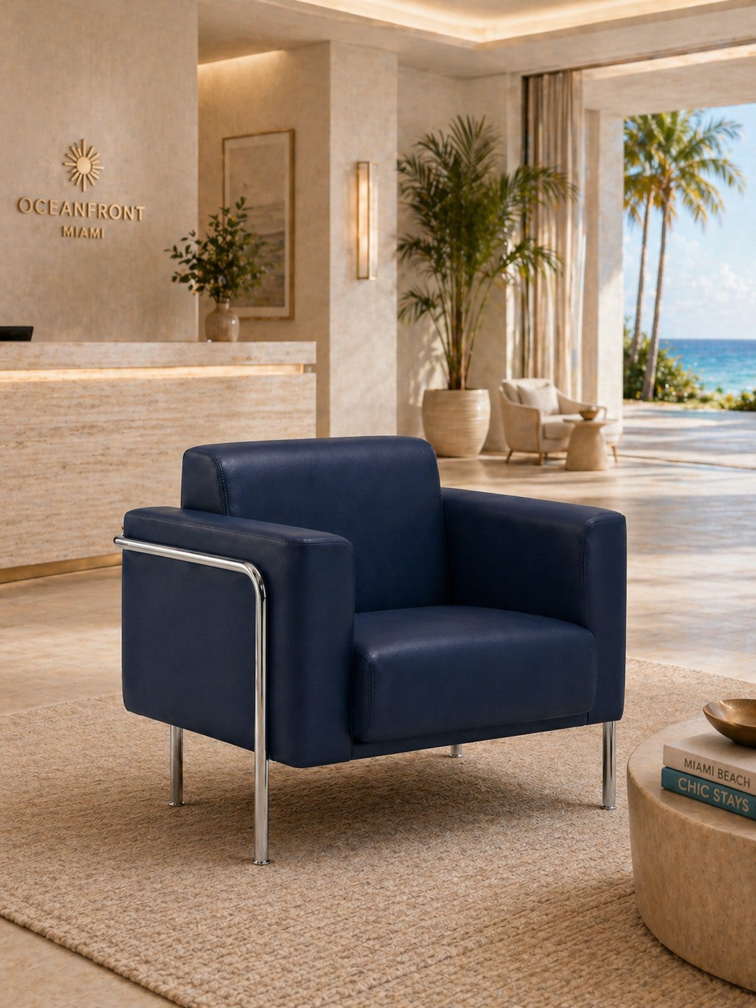 Le Fauteuil d'accueil Matis en simili-cuir de Monsieur Bureau, avec ses pieds chromés, est posé sur un tapis beige dans le hall d'entrée d'un hôtel éclairé par le soleil, avec des palmiers, une vue sur l'océan et un élégant bureau de réception doté d'un mobilier de réception stylisé.