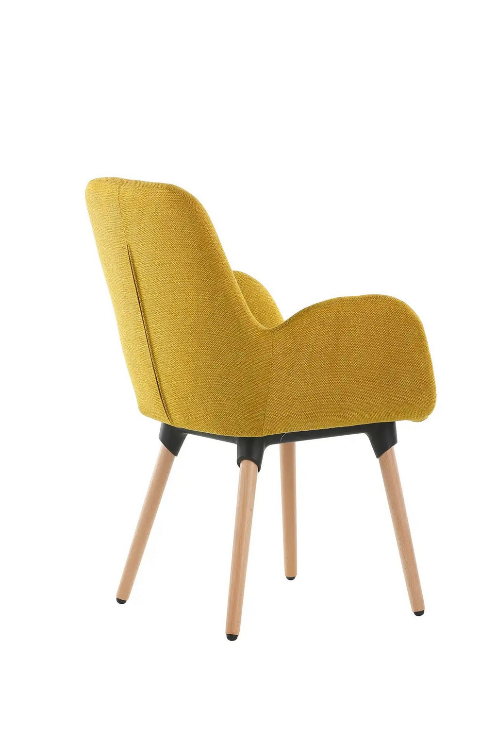 Le Fauteuil d'accueil et réunion Shino - Pieds bois de Monsieur Bureau se compose d'une assise rembourrée jaune, d'un dossier incurvé, d'accoudoirs, de quatre pieds en bois clair et d'un cadre de support noir, le tout sur fond blanc.#finitions_jaune