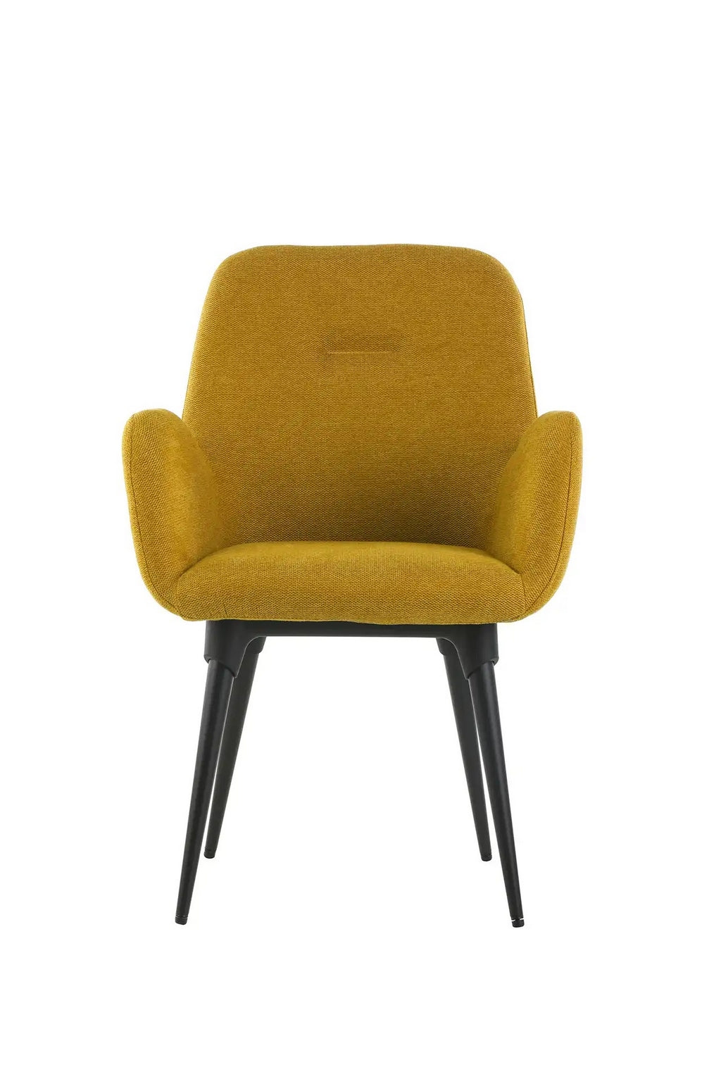 Le Fauteuil d'accueil et réunion Shino de Monsieur Bureau se caractérise par un revêtement jaune moutarde, des accoudoirs incurvés et quatre pieds angulaires en métal noir, présentés sur un fond blanc uni.#finitions_jaune