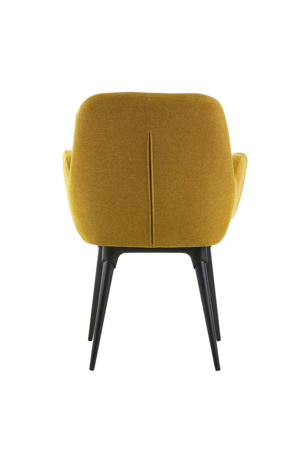 Le Fauteuil d'accueil et réunion Shino de Monsieur Bureau se caractérise par un revêtement jaune moutarde, un dossier et des accoudoirs incurvés, quatre pieds métalliques noirs effilés, et un design moderne minimaliste, présenté de dos sur fond blanc.