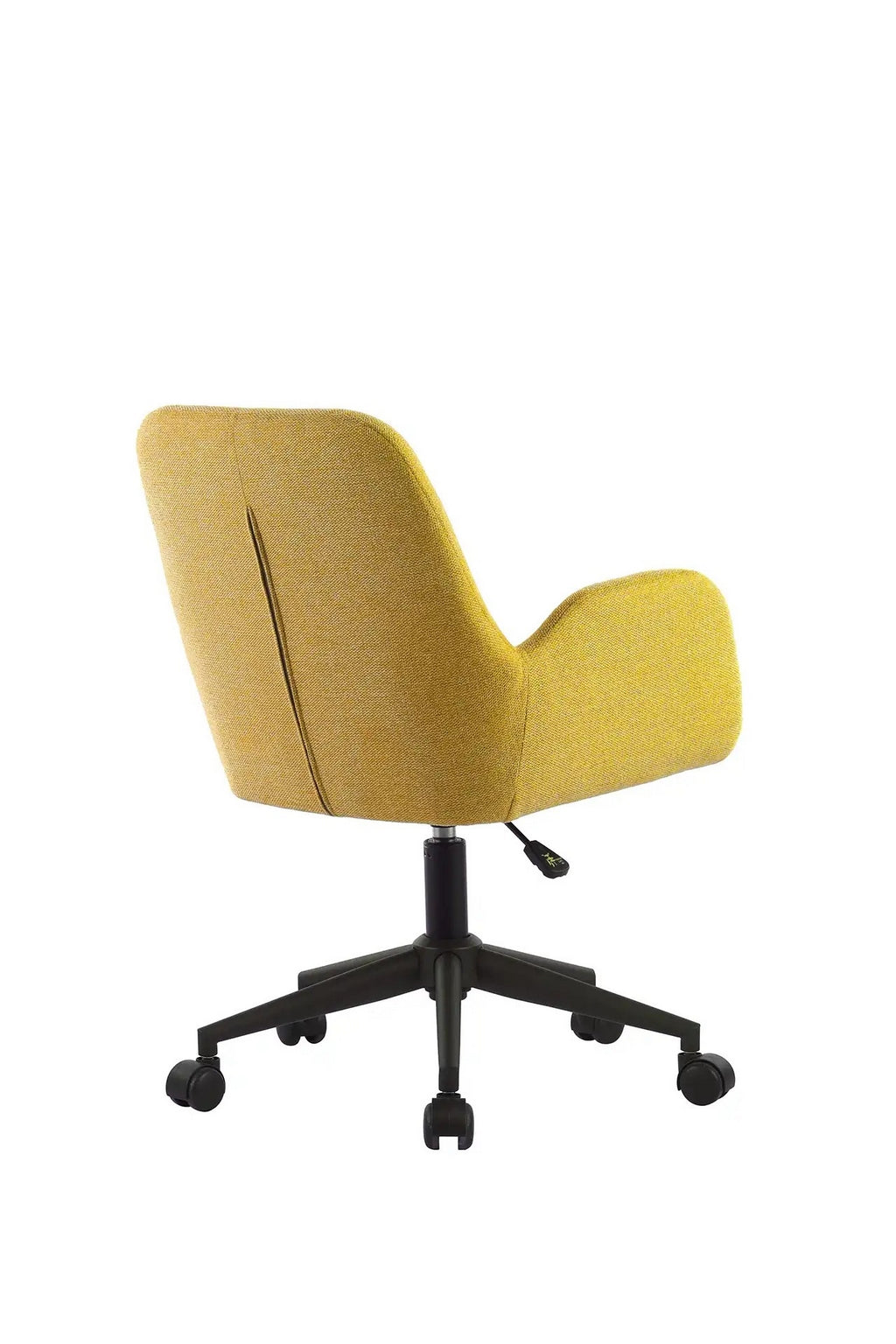 Le Fauteuil d'accueil et réunion Shino - Sur Roulettes de Monsieur Bureau est présenté de dos, de biais, sur fond blanc, avec un rembourrage jaune, un dossier incurvé, une base réglable noire et cinq roues pivotantes.