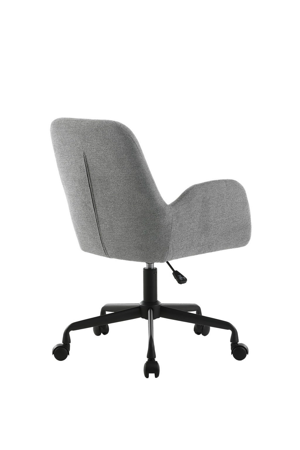 Le Fauteuil d'accueil et réunion Shino - Sur Roulettes de Monsieur Bureau est un fauteuil de bureau moderne, gris clair, avec accoudoirs, dossier incurvé, piétement noir à cinq roues et levier de réglage de la hauteur, présenté de dos sur fond blanc.