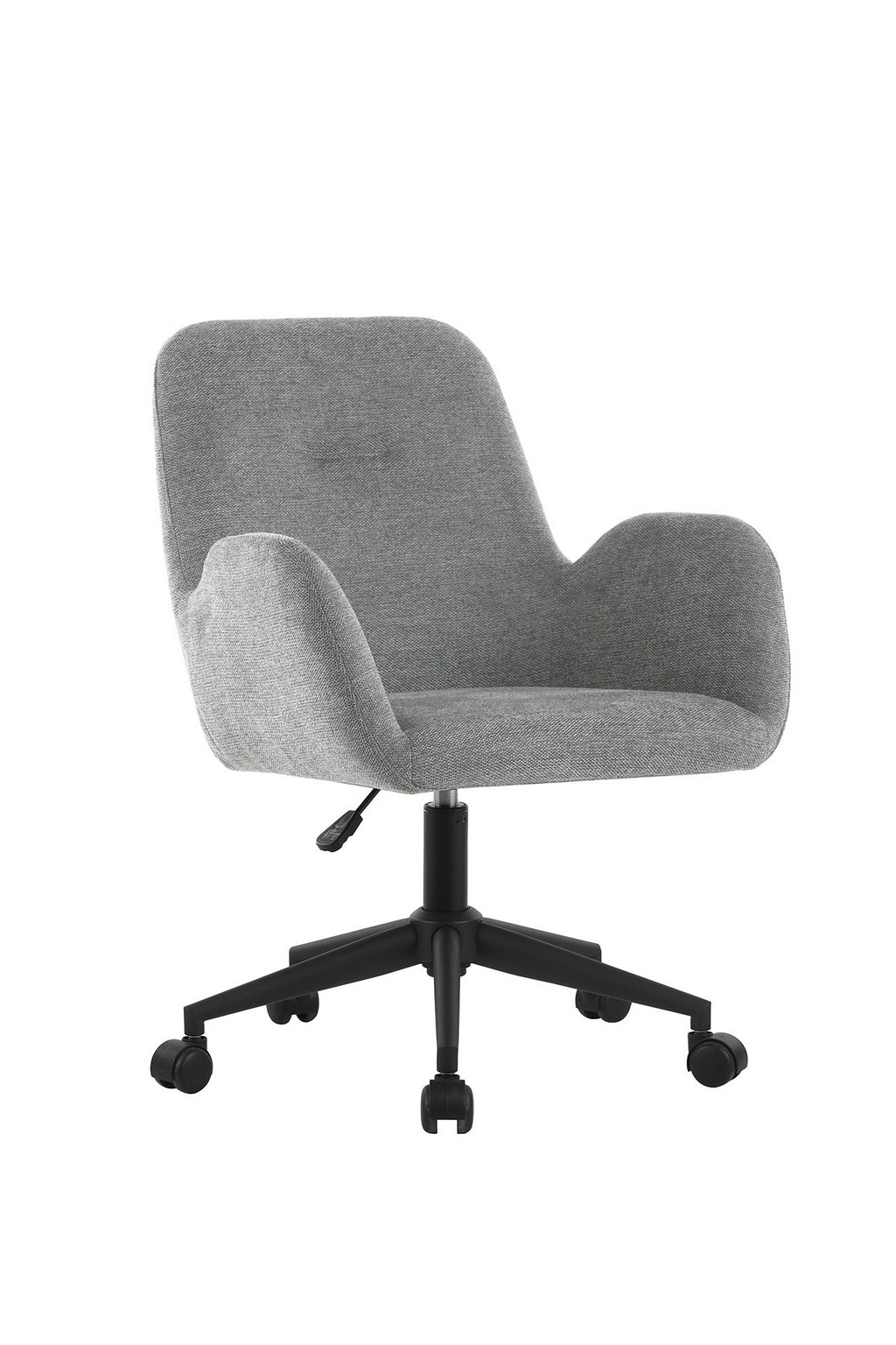 Le Fauteuil d'accueil et réunion Shino - Sur Roulettes de Monsieur Bureau est une chaise de bureau moderne de couleur grise avec accoudoirs, dossier incurvé et base réglable noire à cinq roulettes.