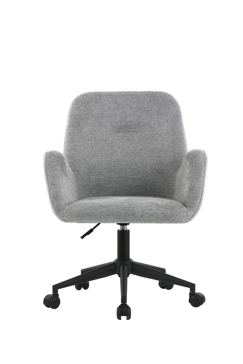 Le Fauteuil d'accueil et réunion Shino - Sur Roulettes de Monsieur Bureau est une chaise de bureau moderne de couleur gris clair avec accoudoirs, base réglable noire et cinq roulettes, présentée de face sur fond blanc.
