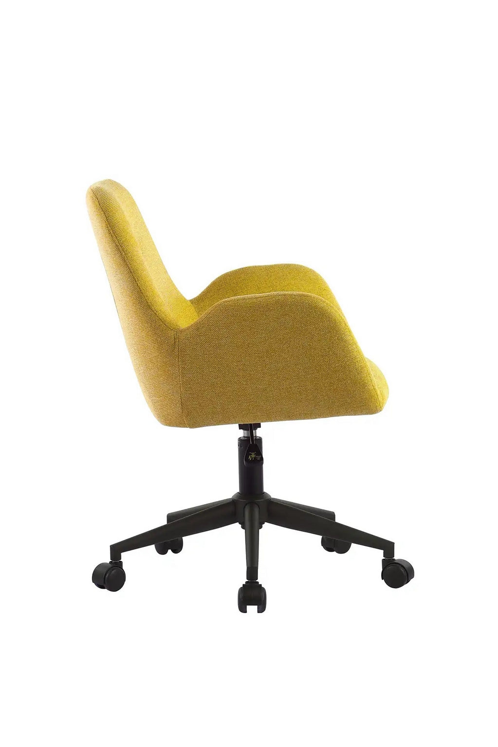 Le Monsieur Bureau Fauteuil d'accueil et réunion Shino - Sur Roulettes est une chaise moderne de couleur jaune avec des accoudoirs incurvés et un piètement noir à cinq roues, présentée de côté sur un fond blanc.