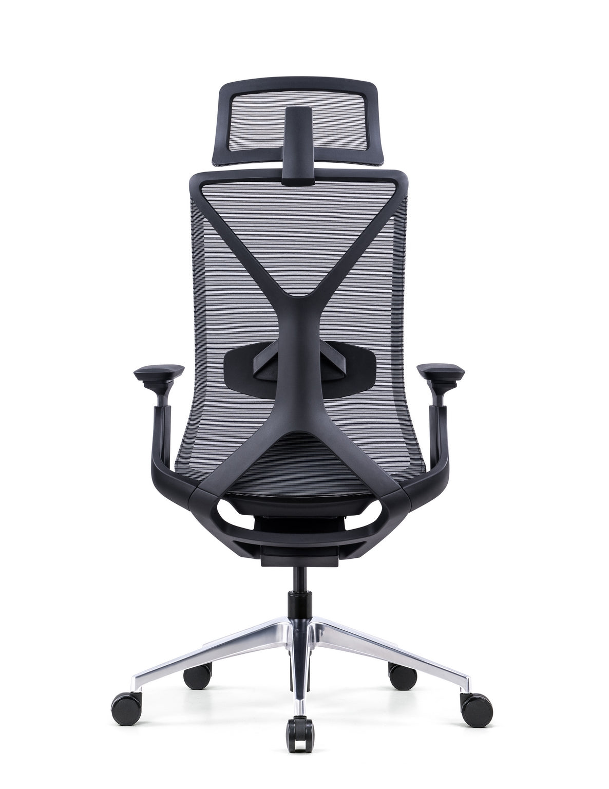 Le Fauteuil Ergonomique Cassiopée Synchrone & Têtière de Monsieur Bureau est une chaise professionnelle moderne avec dossier en maille, accoudoirs réglables, appui-tête et base métallique à cinq roues, dotée d'un mécanisme synchrone Donati - vue de dos.