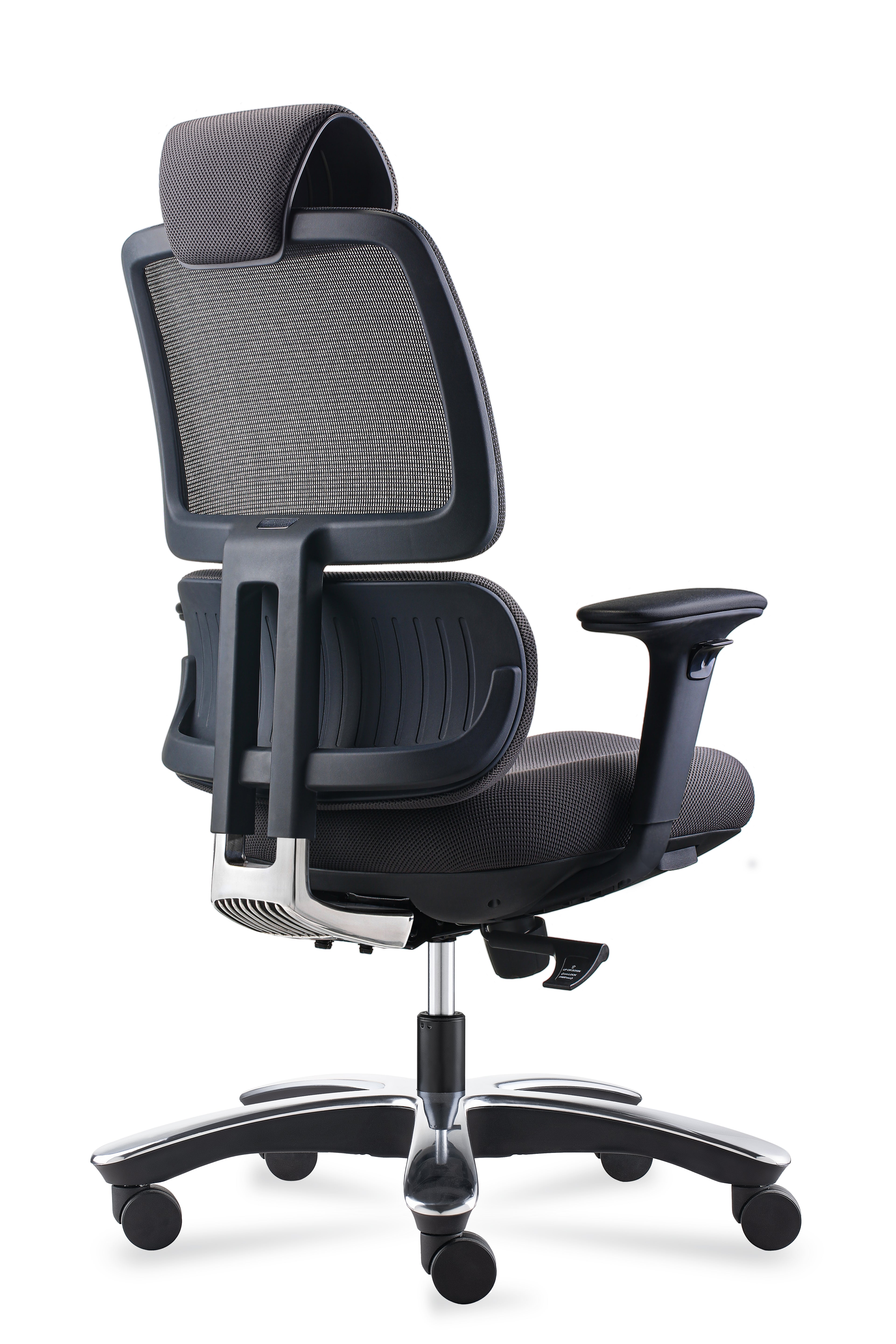 Le Fauteuil ergonomique XXL Ursa - Usage intensif 24H (180 kg) de Monsieur Bureau est doté d'un dossier en maille, d'un appui-tête réglable, d'une assise rembourrée, d'accoudoirs, d'un support lombaire et d'une base métallique robuste avec cinq roues pivotantes, présenté de dos sur fond blanc.