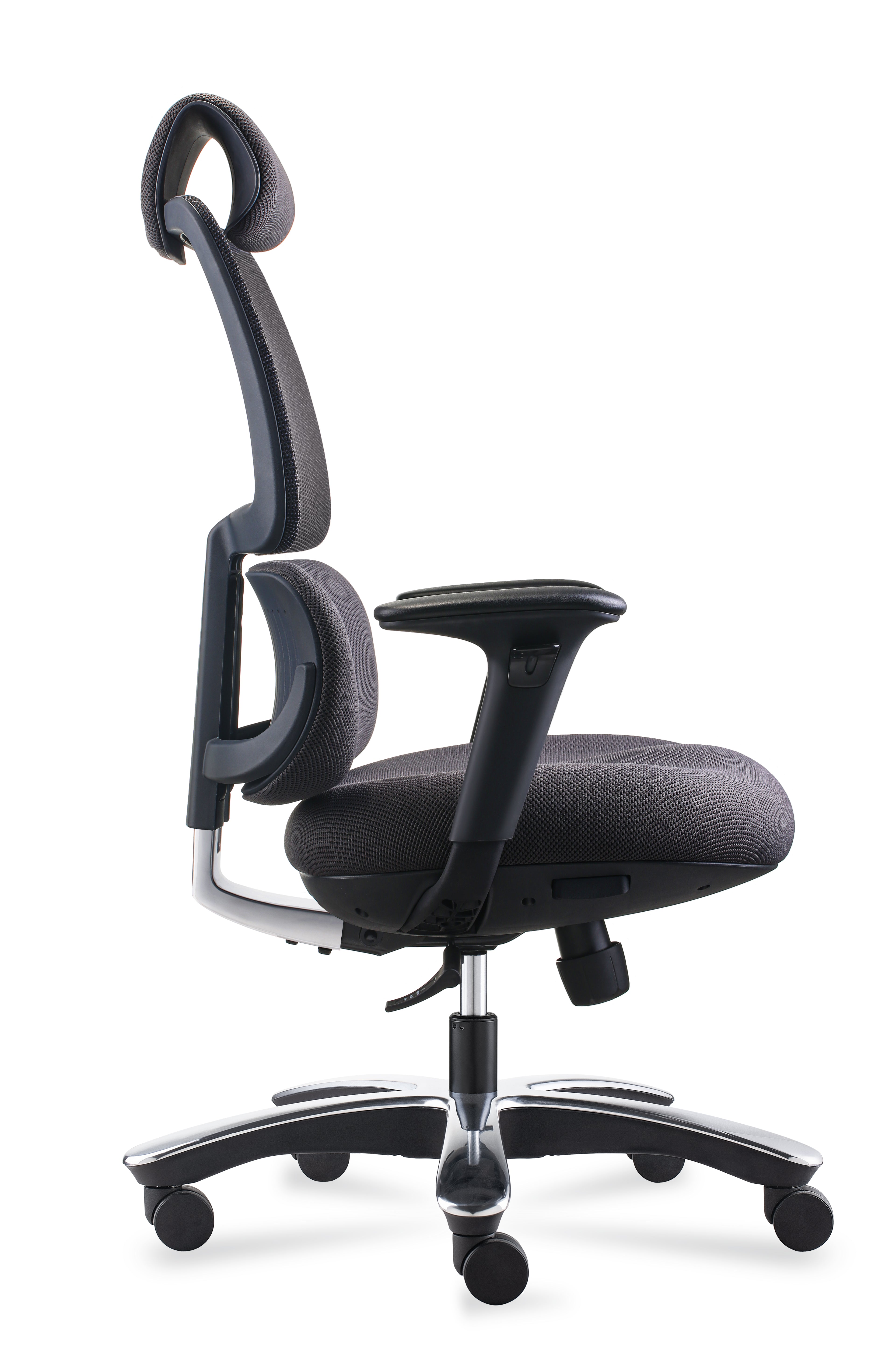 Le Fauteuil ergonomique XXL Ursa de Monsieur Bureau est un siège de bureau moderne 24H (180 kg), avec dossier en maille, accoudoirs et appui-tête réglables, assise rembourrée, piétement métallique à cinq roulettes, et excellent soutien lombaire - vue de côté sur blanc.