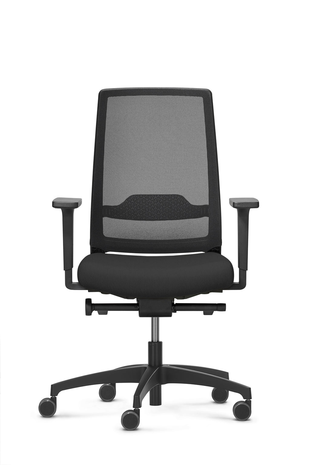 Le Fauteuil ergonomique professionnel Uneo de Monsieur Bureau est une chaise ergonomique moderne de couleur noire avec un dossier en maille, une assise rembourrée, des accoudoirs réglables et une base à cinq roues, présentée sur un fond blanc uni.