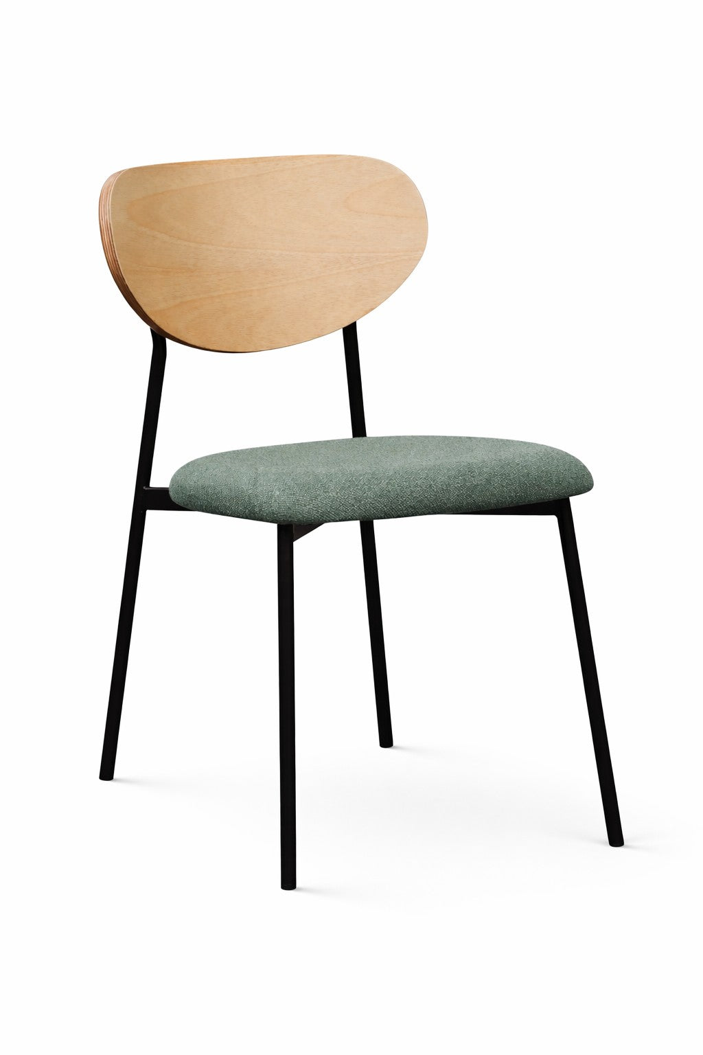 Lot de 2 chaises Oda Rétro de Monsieur Bureau : dossier en bois clair, assise tissu vert et pieds fins en métal noir, apportant une touche rétro élégante à tout espace. Présentation sur fond blanc.#finitions_vert
