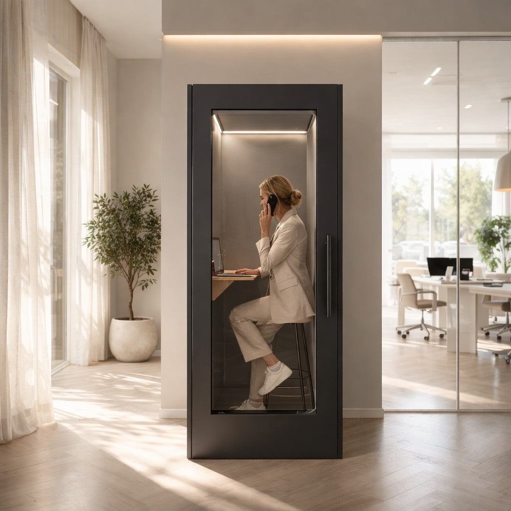 Une femme en tailleur léger est assise sur un tabouret à l'intérieur de la cabine téléphonique Monsieur Bureau acoustique NO SOUND Standard 1 personne, parlant sur son téléphone portable et utilisant un ordinateur portable. La cabine offre un isolement phonique dans un bureau ouvert et lumineux.