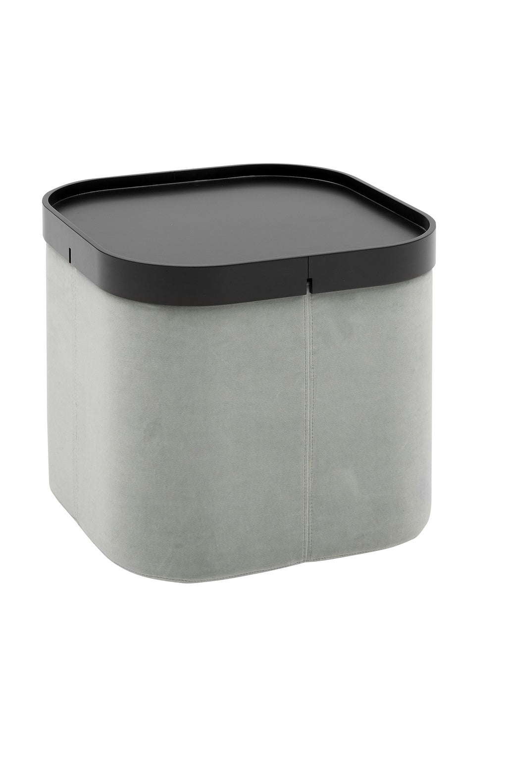 Le Pouf d'accueil Nordic avec plateau de Monsieur Bureau, conçu par Busk+Hertzog, est un ottoman doux et gris clair de forme rectangulaire arrondie avec un plateau noir amovible, inspiré du concept d'assise modulable.