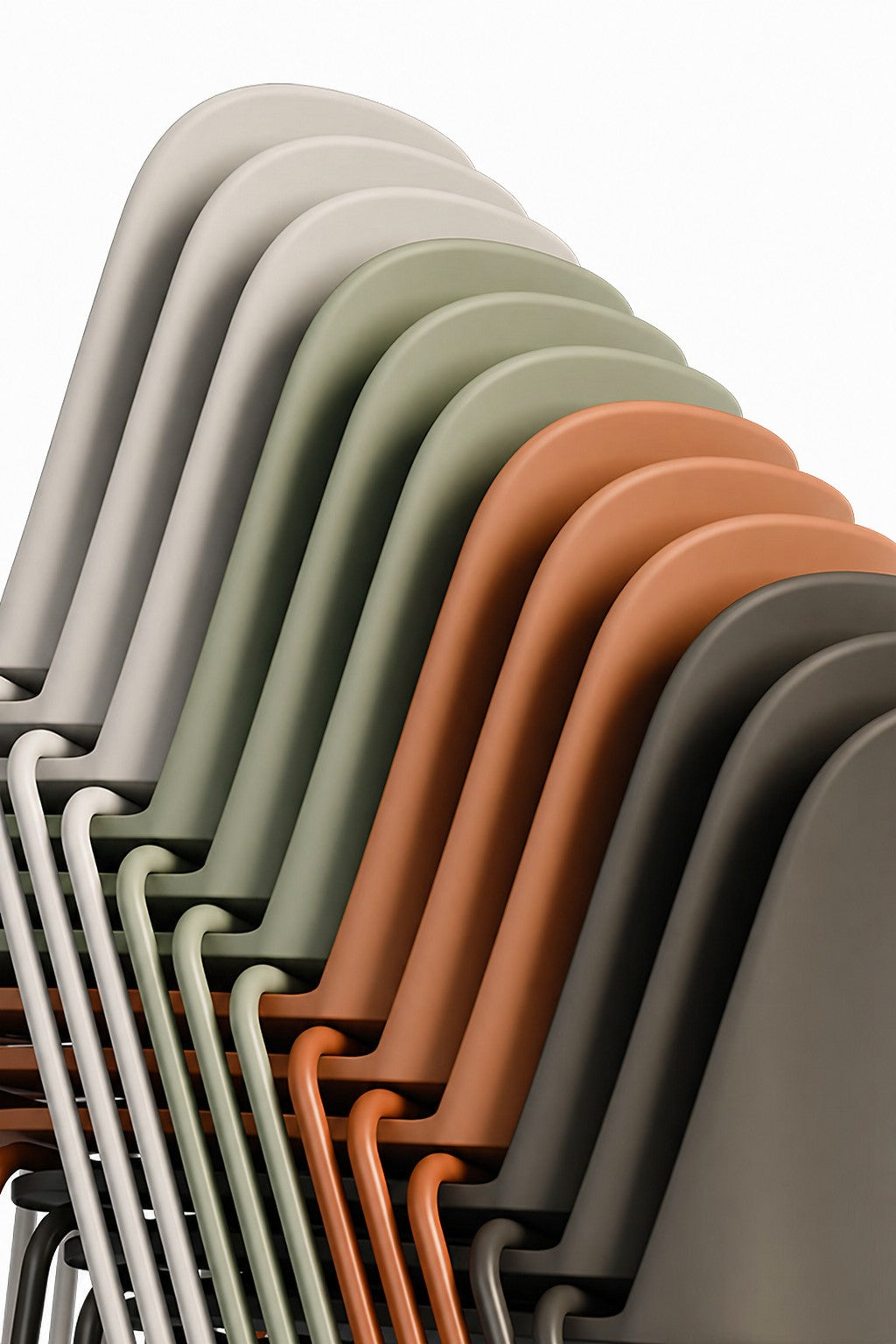 Une rangée de Monsieur Bureau Siège visiteur Eos empilable - 4 pieds métal en blanc, vert, orange et marron est disposée en diagonale sur un fond blanc uni, mettant en valeur leur finition monochrome élégante.