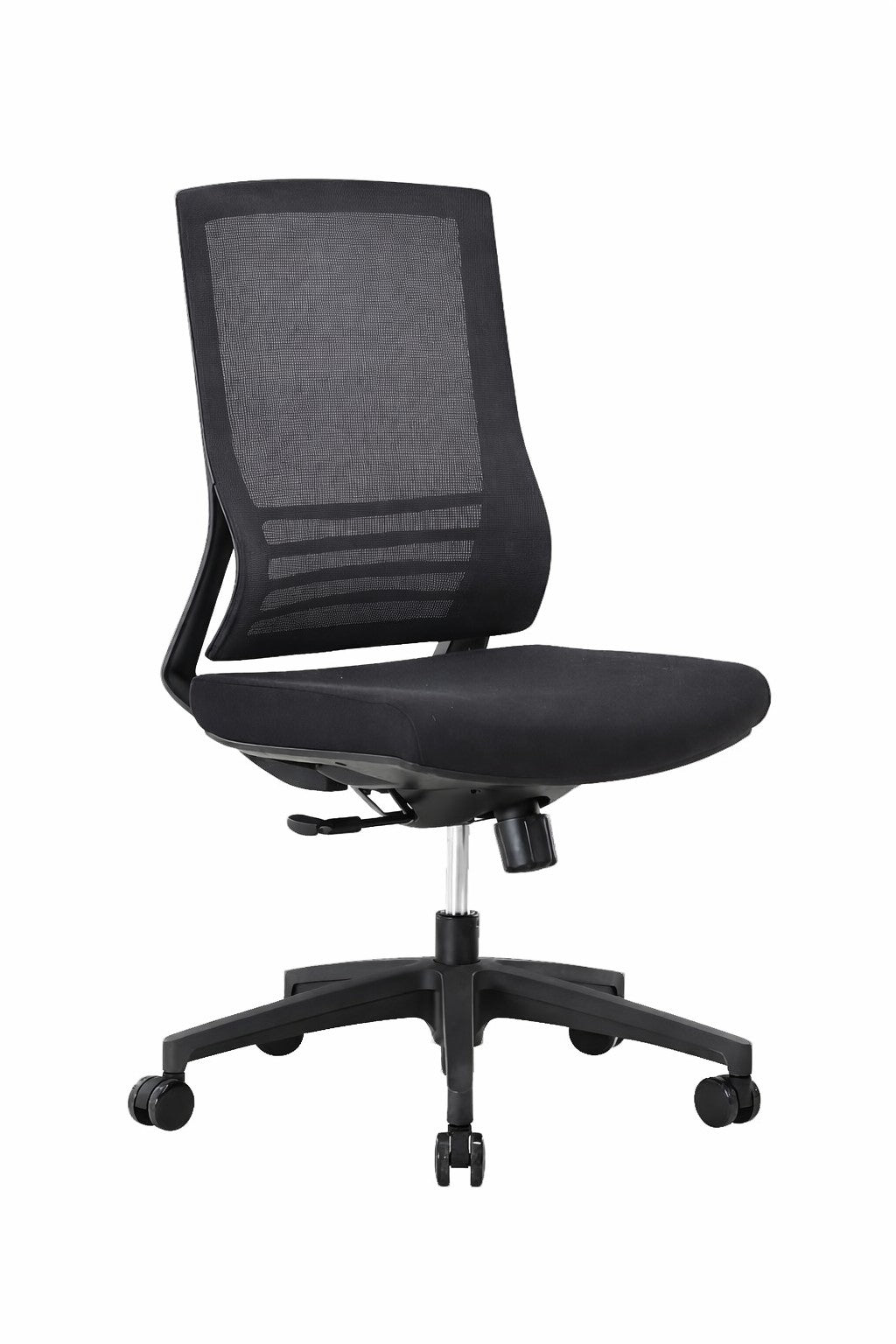 Le fauteuil de bureau ergonomique Go de Monsieur Bureau, noir, avec support lombaire, dossier en maille, assise rembourrée, réglage en hauteur et cinq roulettes est présenté sur fond blanc.