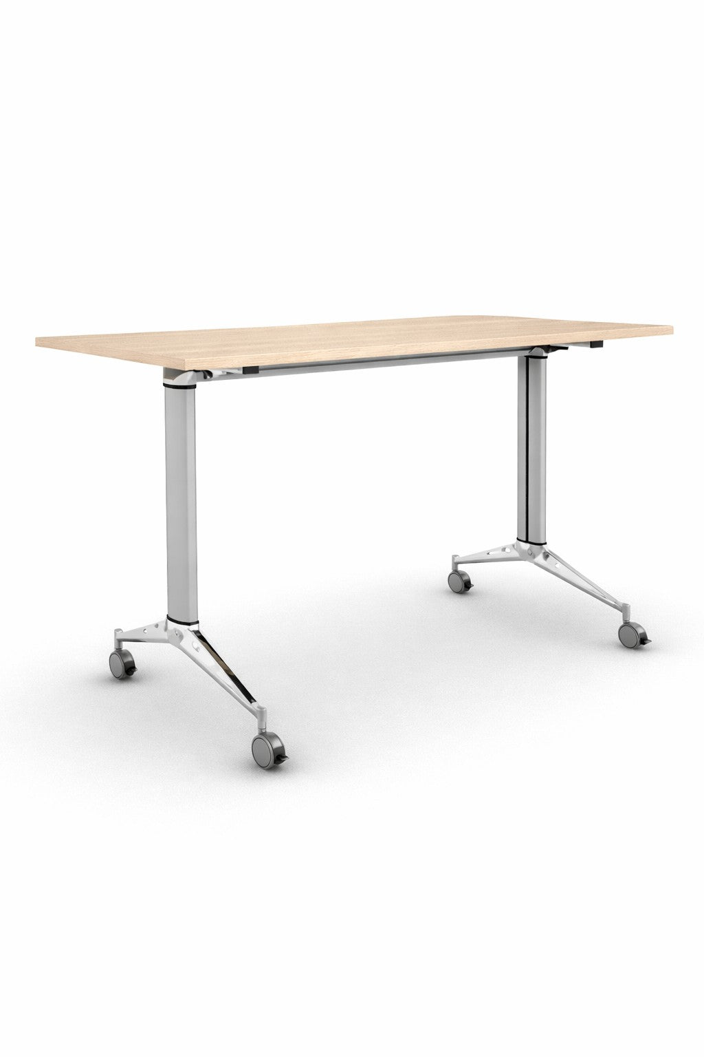 La Table abattante Mobile sur roulettes de Monsieur Bureau présente un design rectangulaire moderne avec un plateau en bois clair, des pieds en métal et quatre roulettes pour un déplacement facile et une utilisation flexible dans les espaces professionnels.