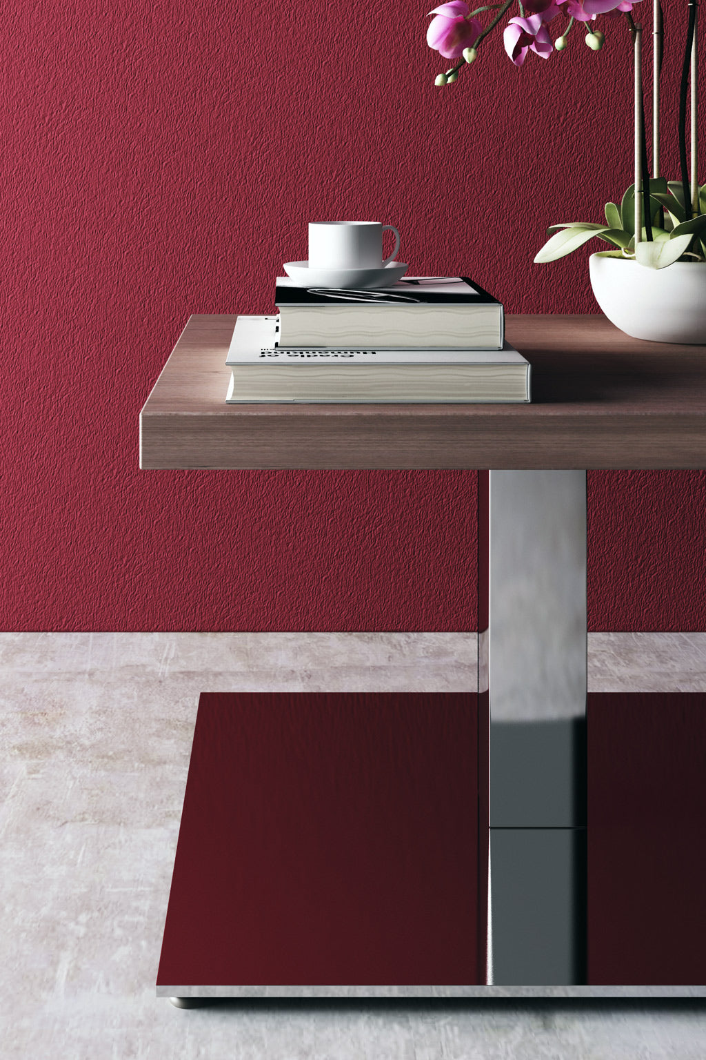 La Table basse Coffee Pop - H40 cm de Monsieur Bureau présente un plateau en bois moderne et une base en métal, contenant des livres, une tasse et une soucoupe blanches, ainsi qu'un bol d'orchidées - parfait contre un mur rouge texturé pour un mobilier professionnel élégant.