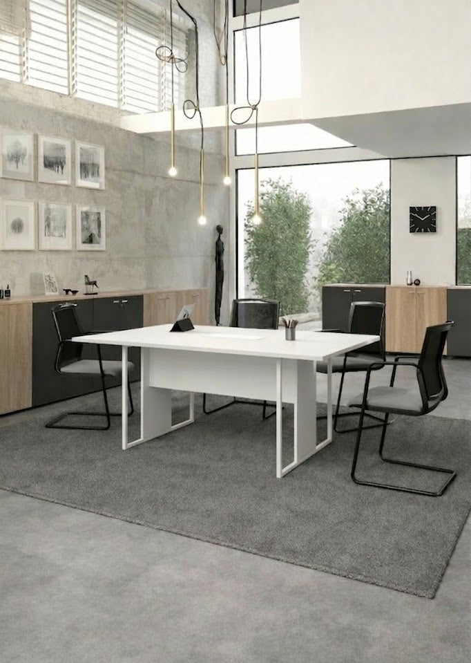 Bureau moderne avec une table de réunion professionnelle Edge by Monsieur Bureau - design italien, structure métallique - plus quatre chaises noires, tapis gris, décor minimaliste. Les grandes fenêtres et les armoires créent une atmosphère de salle de réunion moderne idéale.#combo_blanc_blanc_mat