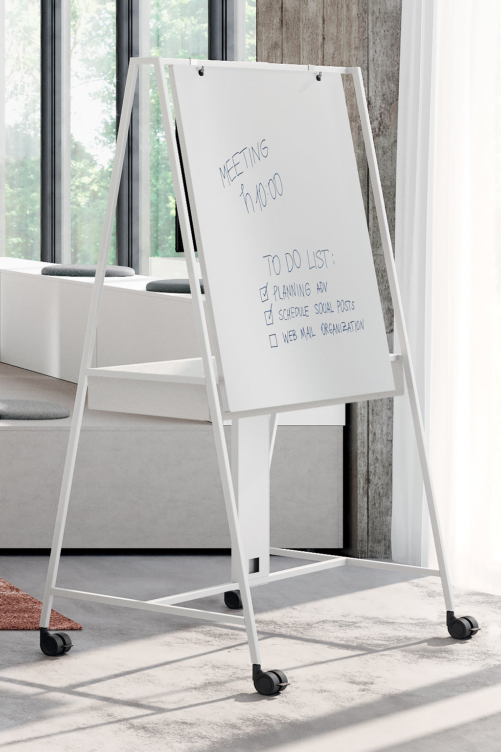 Le tableau mobile professionnel Agile blanc avec rangements intégrés Monsieur Bureau affiche "MEETING 10:00" et une to-do list. Idéal en réunion ou comme tableau collaboratif pour la gestion d'équipe.