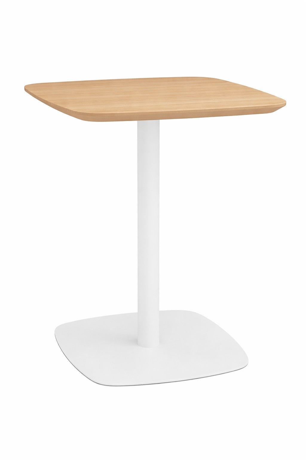 La Table de collectivité Kafeta - Plateau MDF de Monsieur Bureau est une table carrée moderne avec des bords arrondis, un pied central en métal blanc et une base blanche assortie, présentée sur un fond blanc.