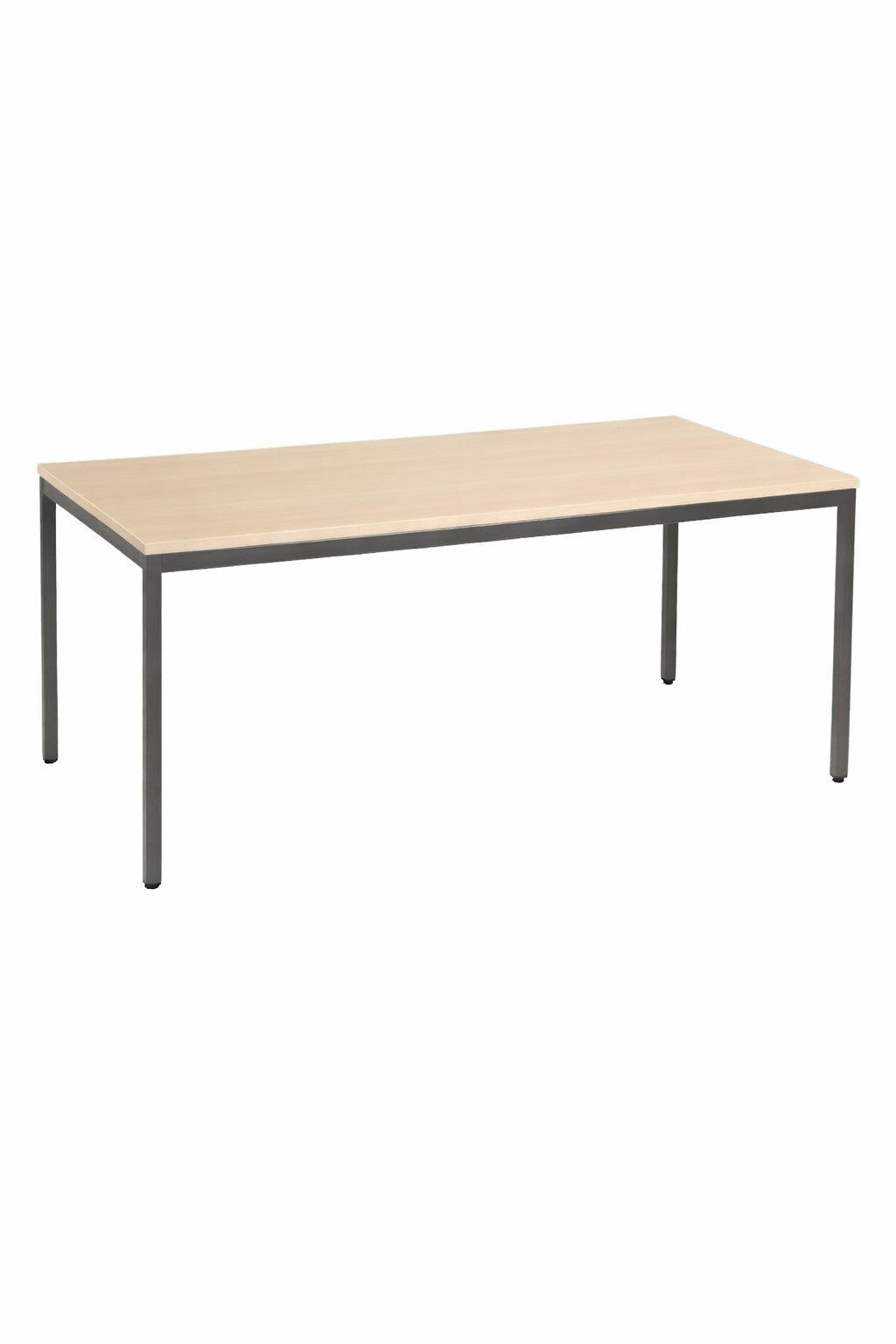 La Table de collectivité Orba de Monsieur Bureau se compose d'un plateau rectangulaire en mélaminé chêne clair et de pieds métalliques fins et droits, présentés sur un fond blanc.