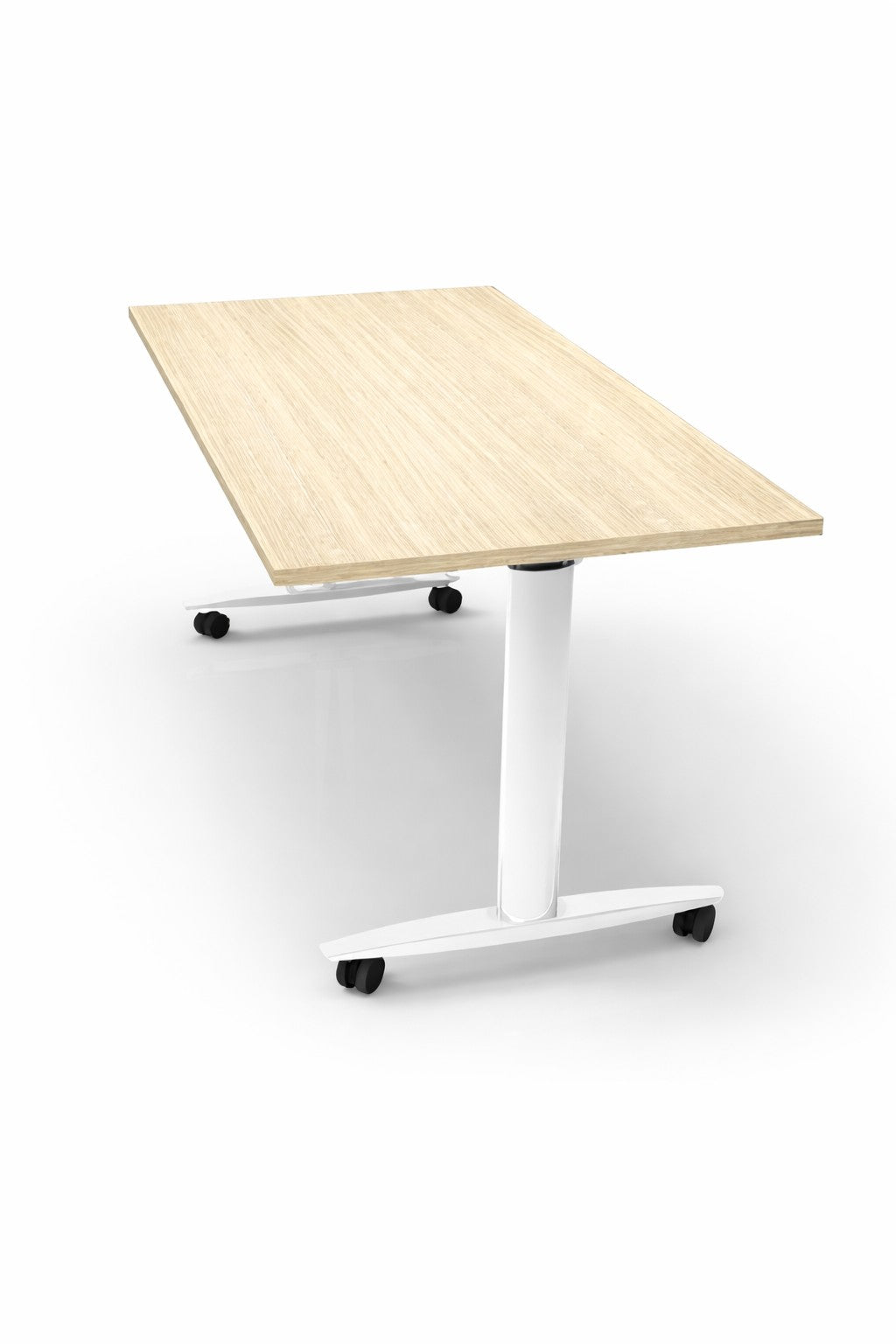 La Table de Réunion Dandy Mobile et Abattante de Monsieur Bureau est une table rectangulaire en bois clair, avec deux pieds en métal blanc et des roulettes noires, sur fond blanc.#finitions_chene