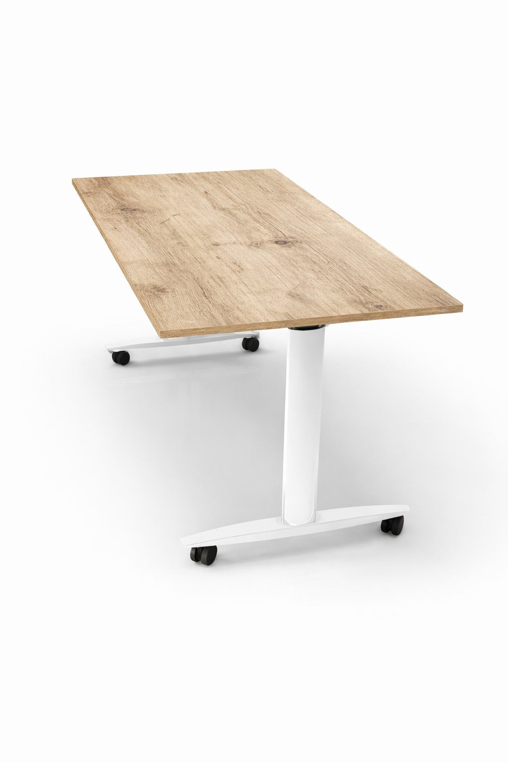 La Table de Réunion Dandy Mobile et Abattante de Monsieur Bureau présente un design rectangulaire moderne avec un plateau en bois clair, des pieds en métal blanc sur roulettes, idéal comme table de réunion modulable. Présentée sur fond blanc.#finitions_chene_canadien